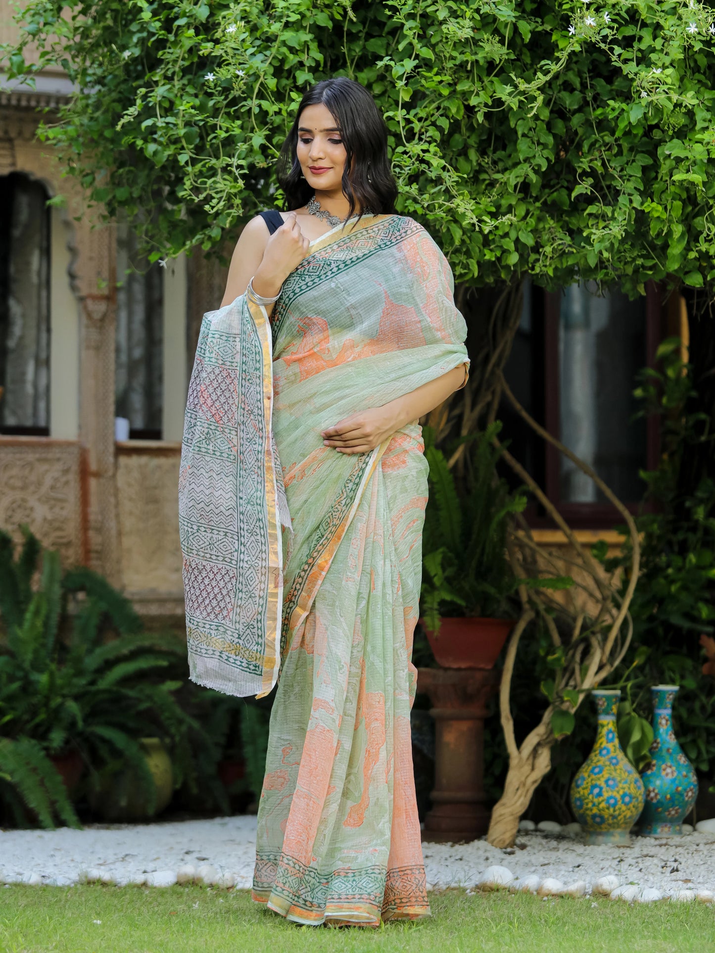 Green Marble Painted Hand Block printed Kota Doria saree