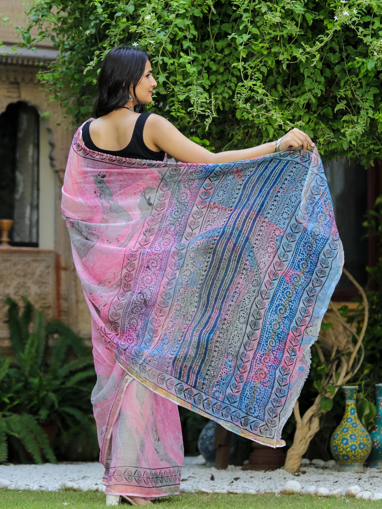 Marble Painted Pink Hand Block Printed Pure Kota doria saree