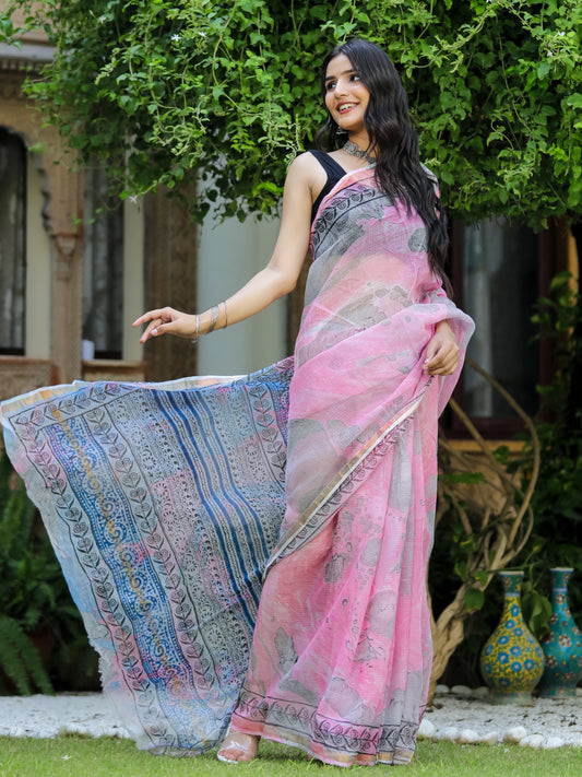 Marble Painted Pink Hand Block Printed Pure Kota doria saree