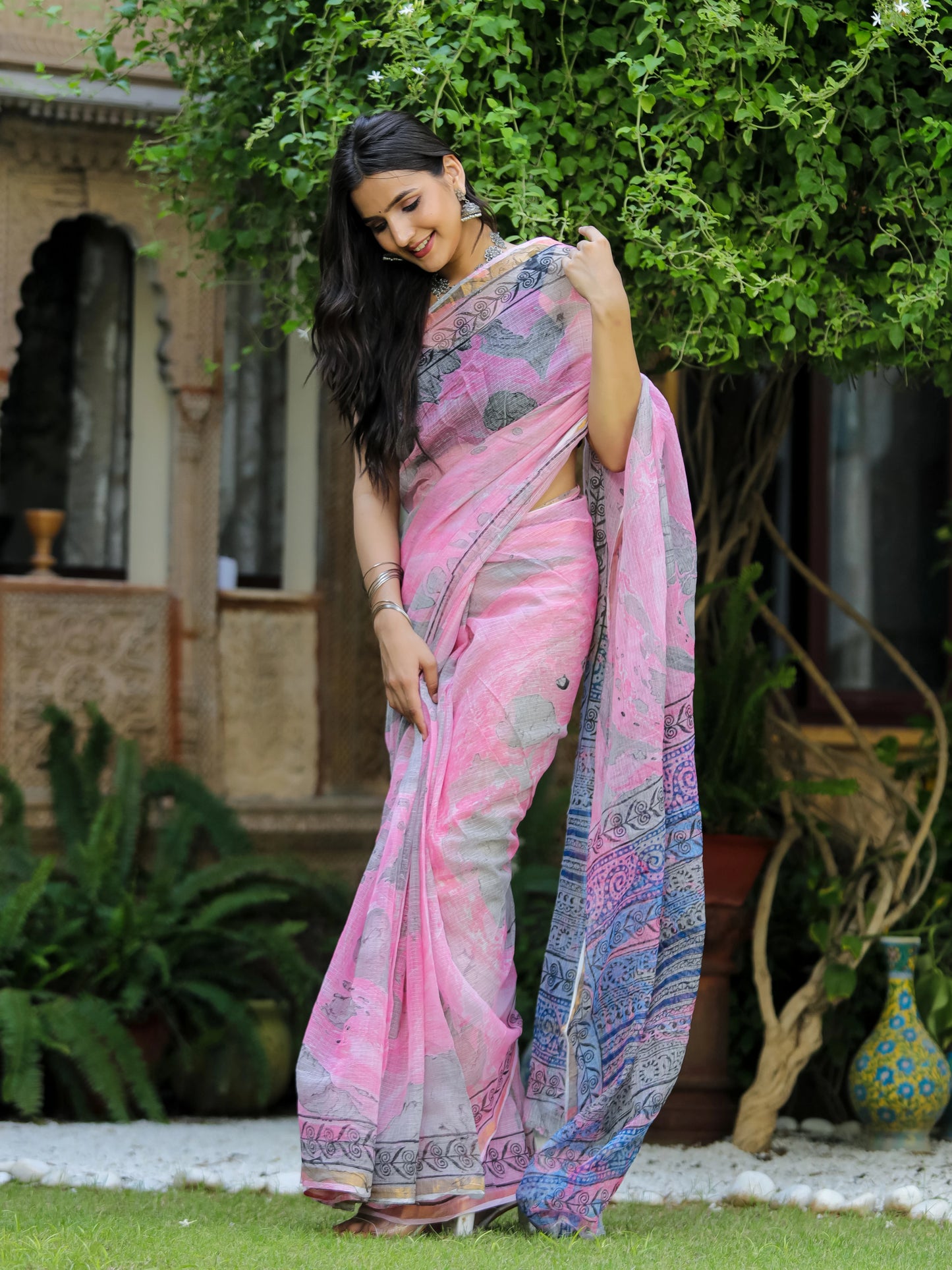 Marble Painted Pink Hand Block Printed Pure Kota doria saree