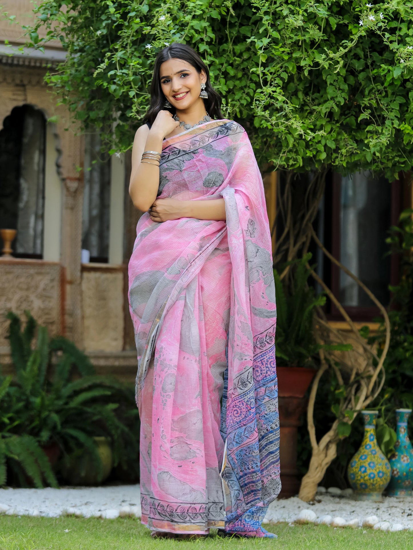 Marble Painted Pink Hand Block Printed Pure Kota doria saree