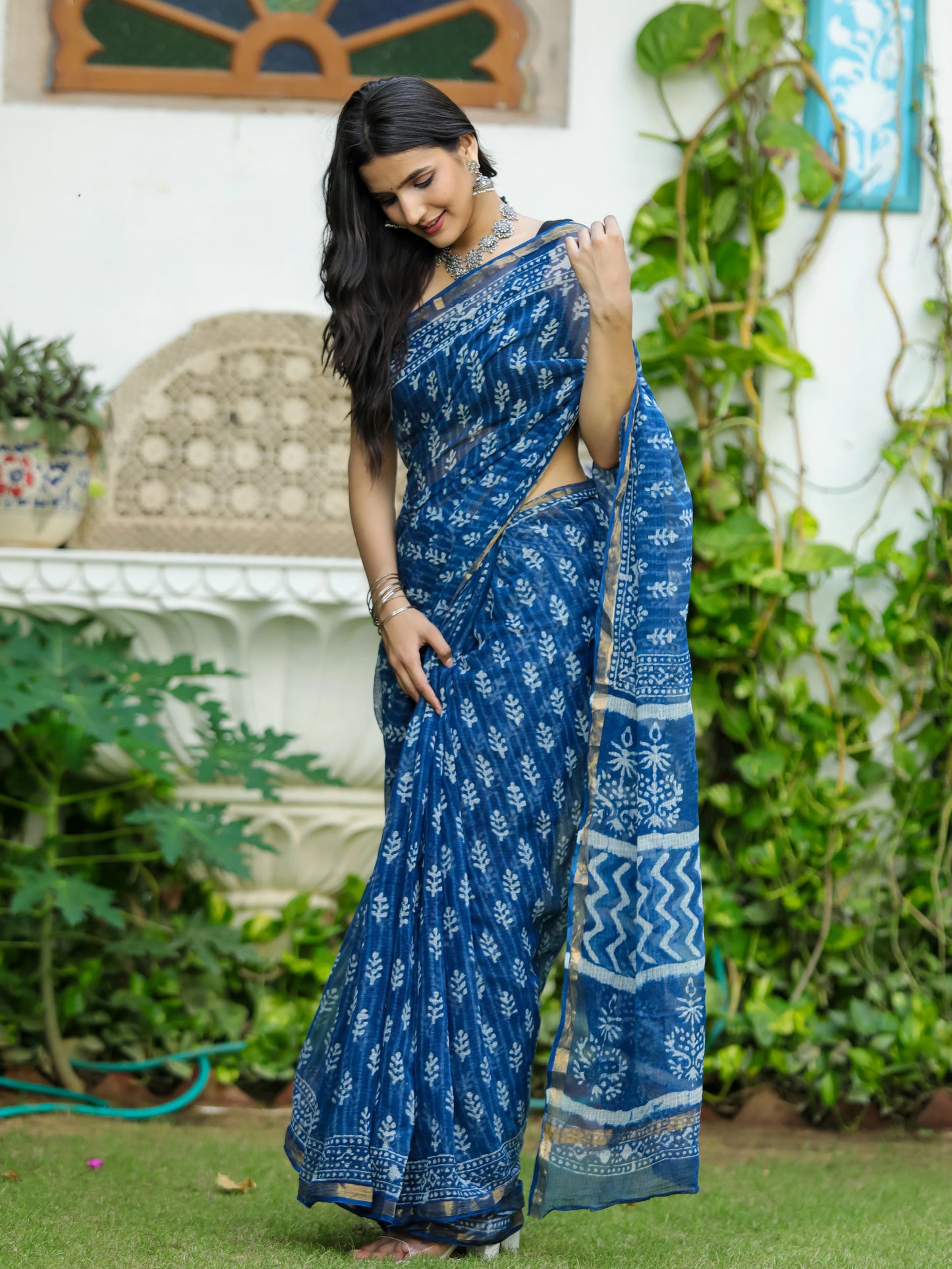 Indigo Choti Bootie Block Printed Pure Kota Doria Saree