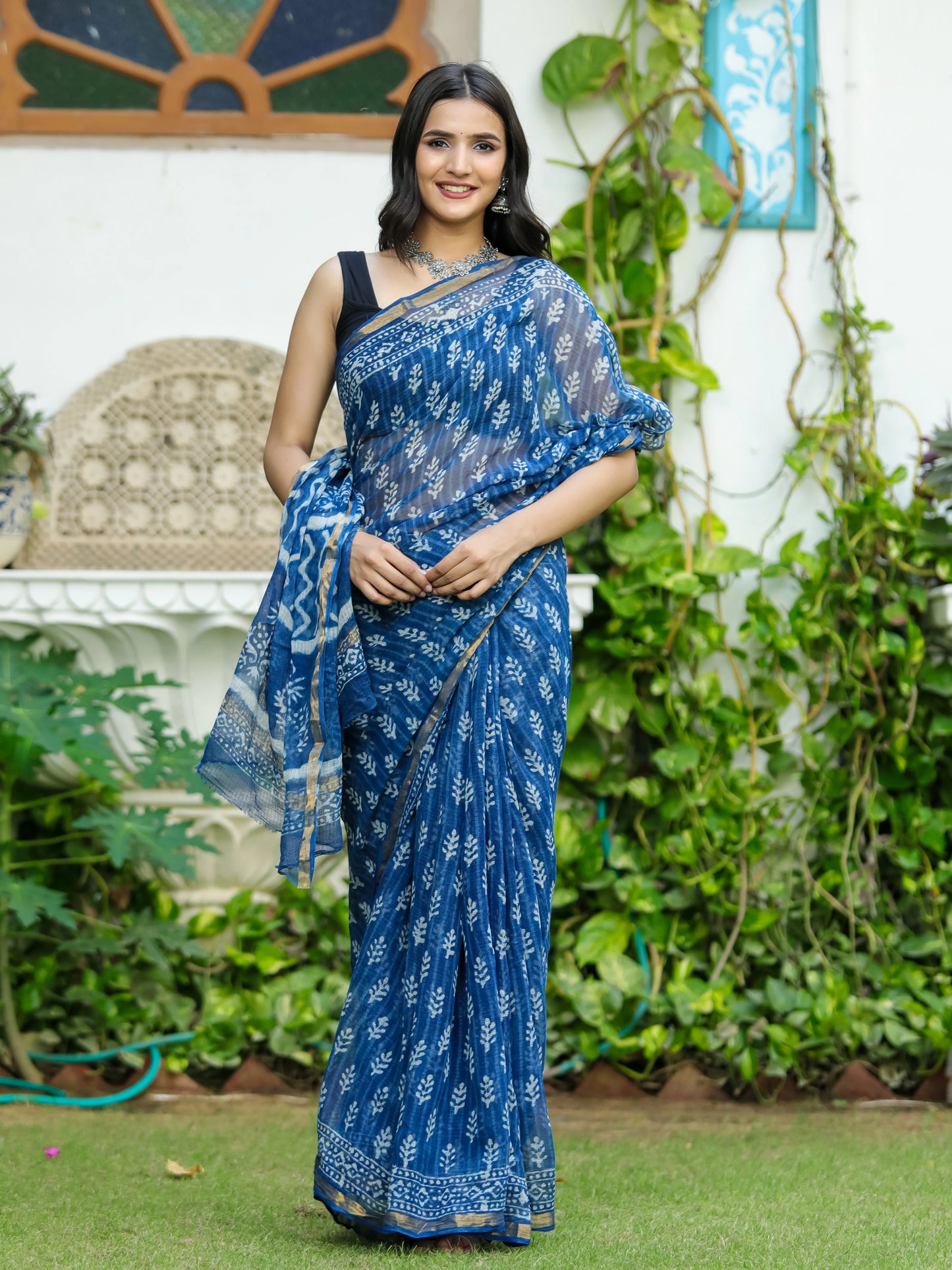 Indigo Choti Bootie Block Printed Pure Kota Doria Saree