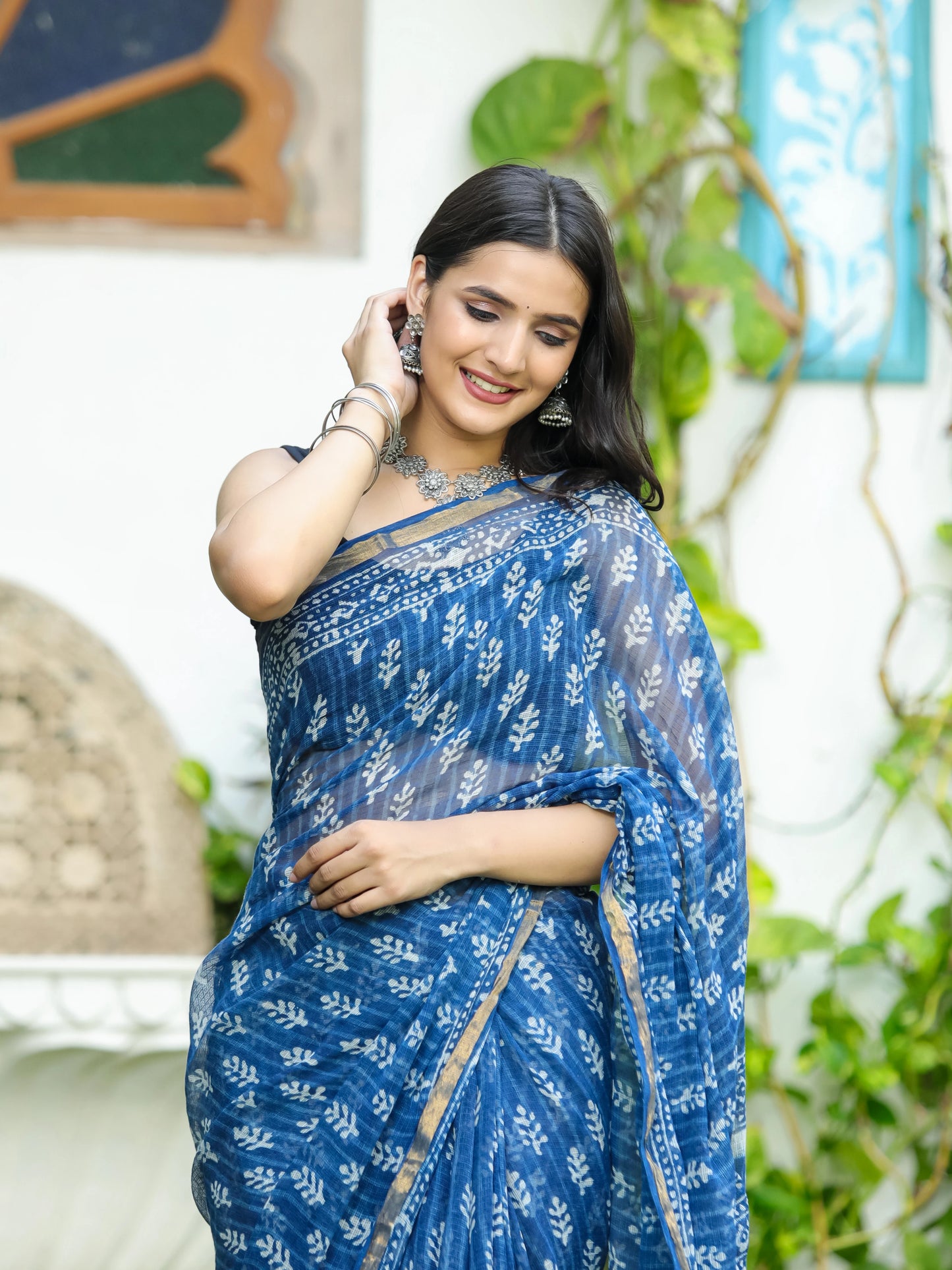 Indigo Choti Bootie Block Printed Pure Kota Doria Saree