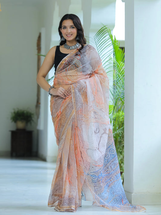 Orange Marble Painted Hand Block printed Kota Doria saree