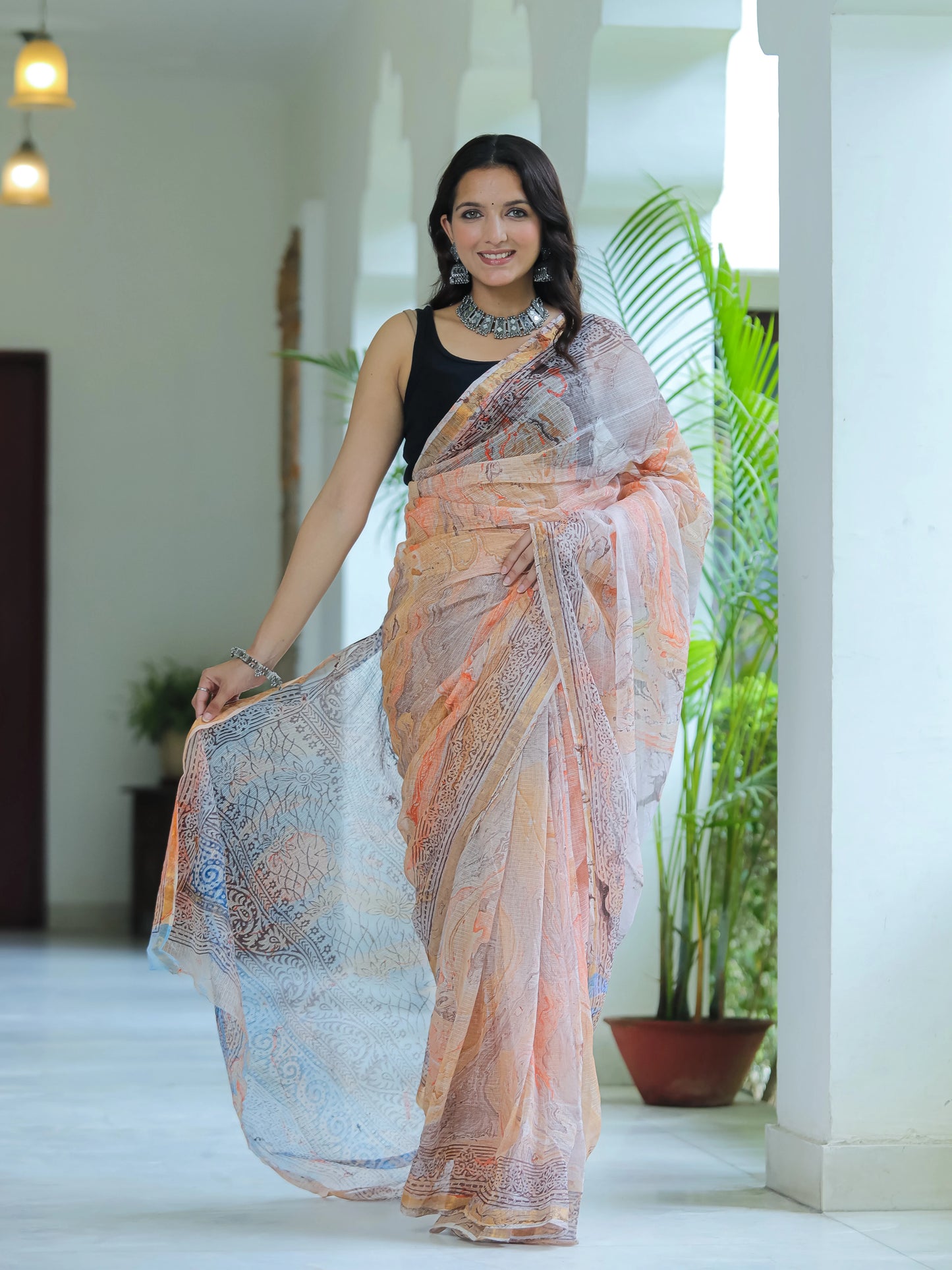 Orange Marble Painted Hand Block printed Kota Doria saree