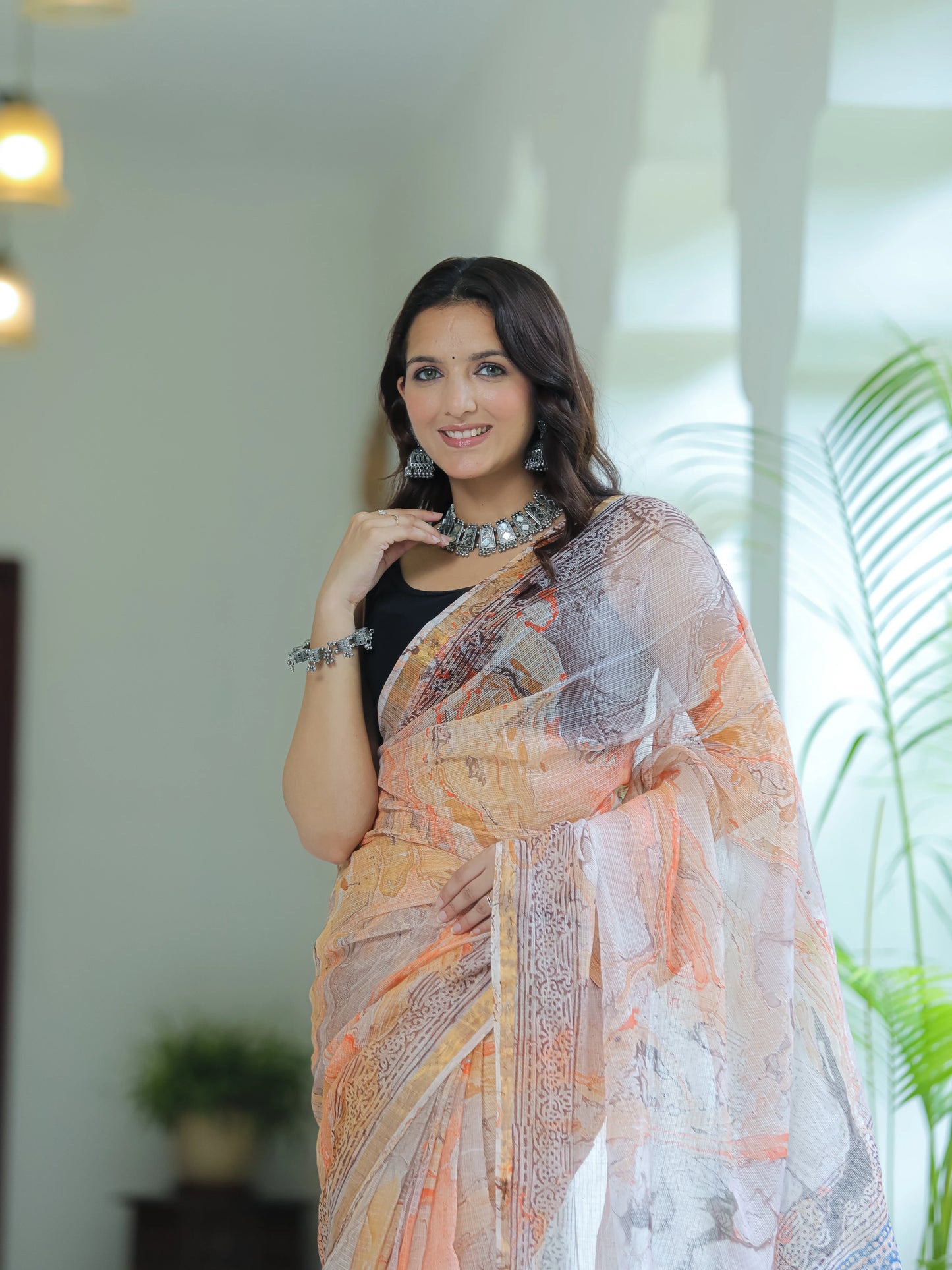 Orange Marble Painted Hand Block printed Kota Doria saree