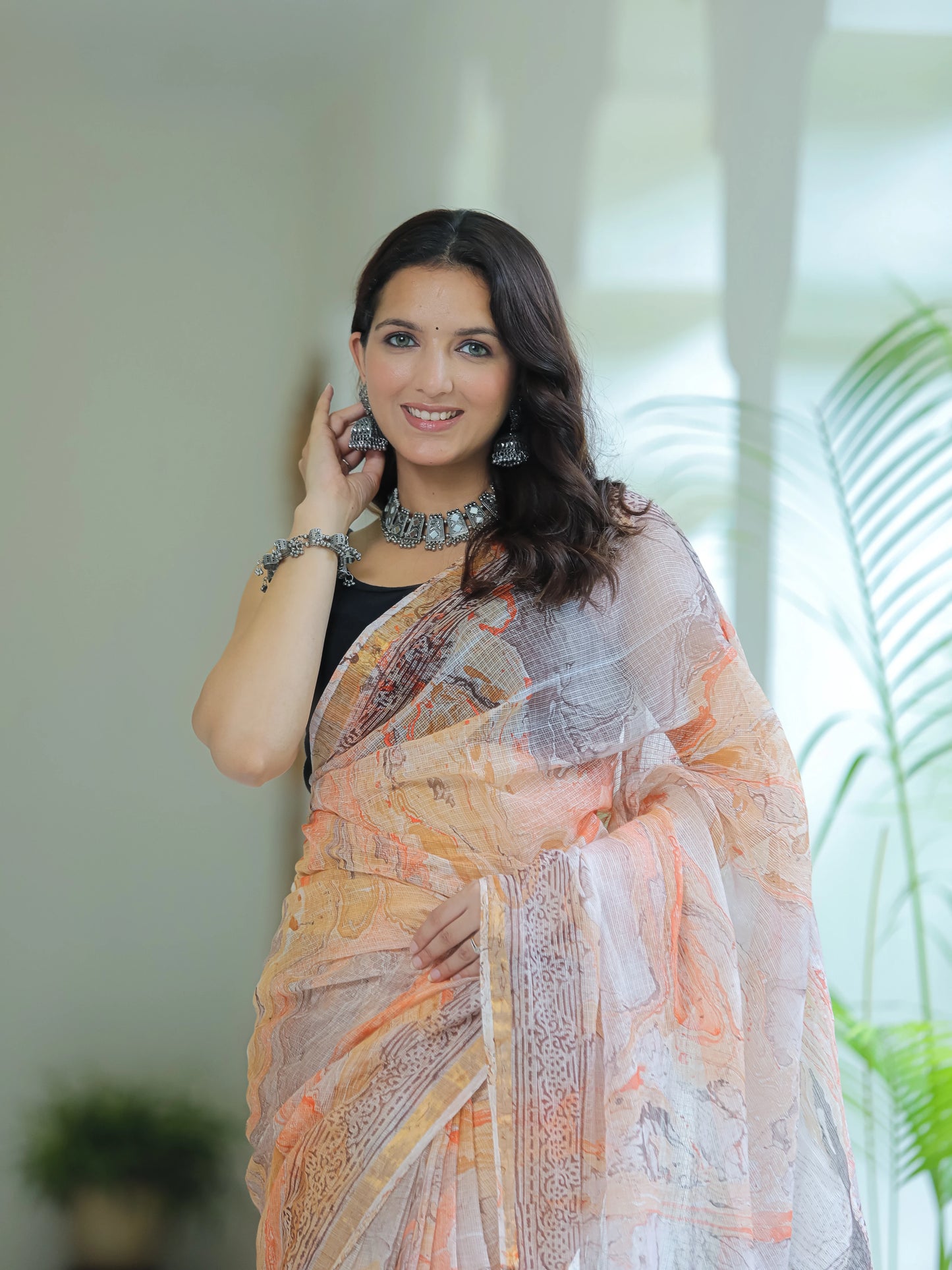 Orange Marble Painted Hand Block printed Kota Doria saree