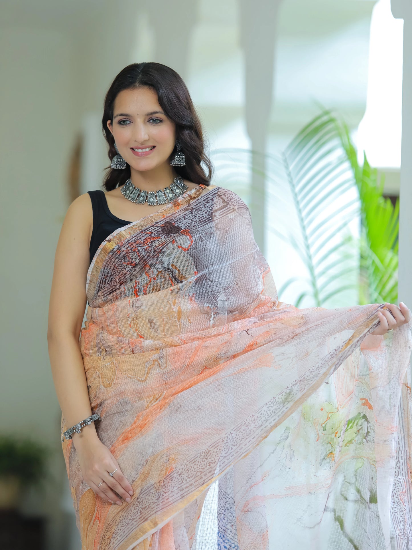 Orange Marble Painted Hand Block printed Kota Doria saree