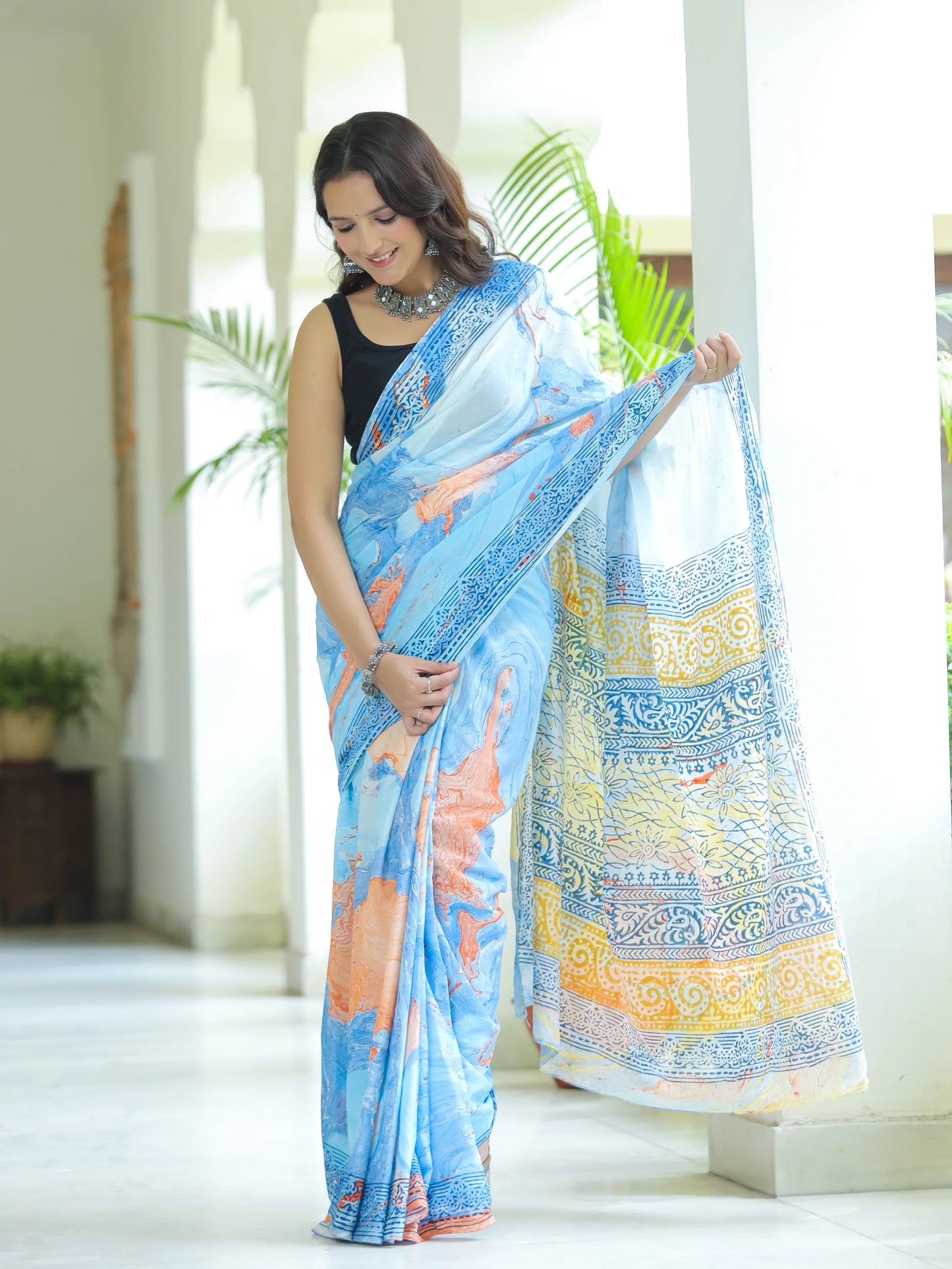 Marble printed Blue Mul Cotton Saree