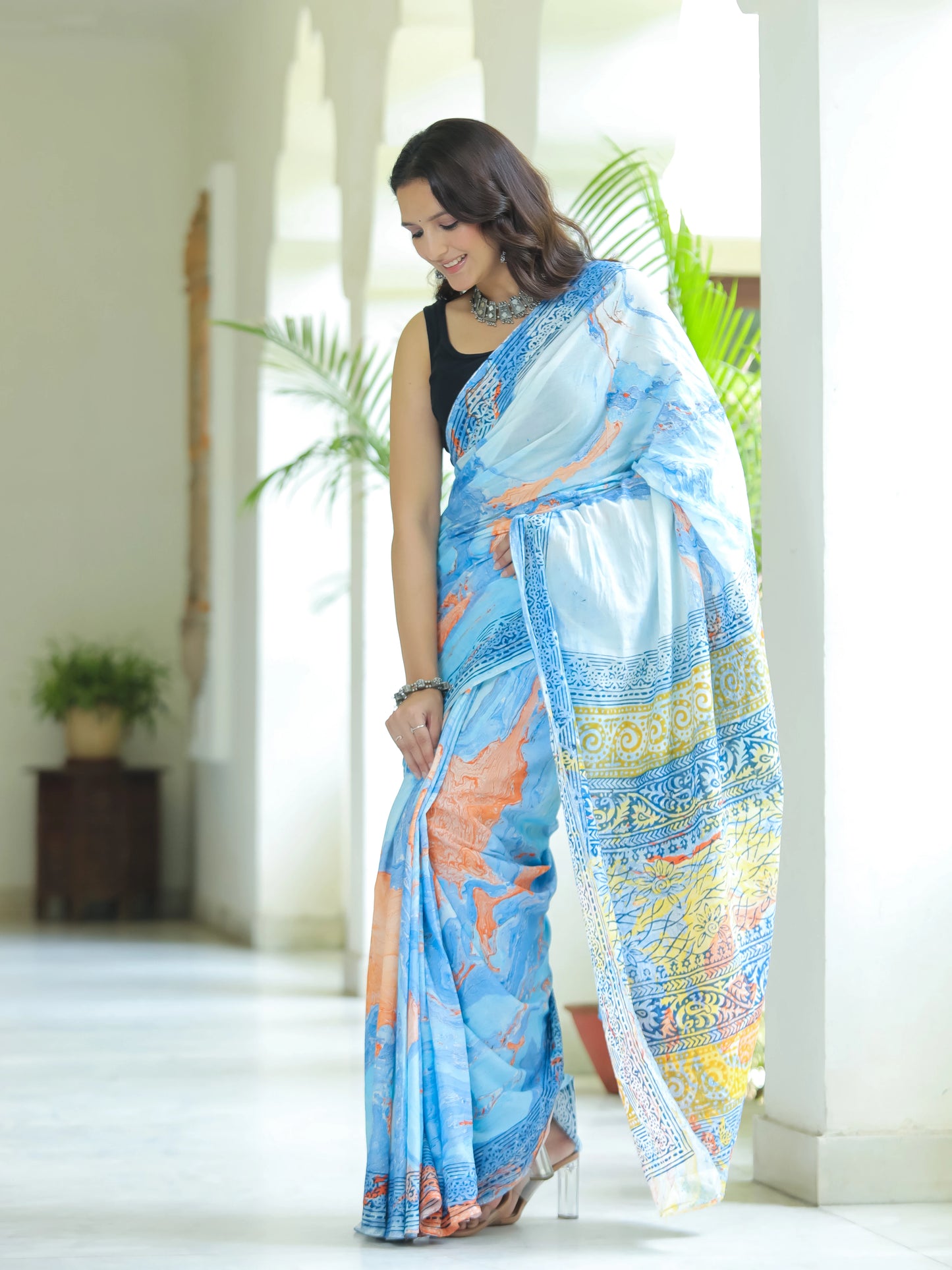 Marble printed Blue Mul Cotton Saree