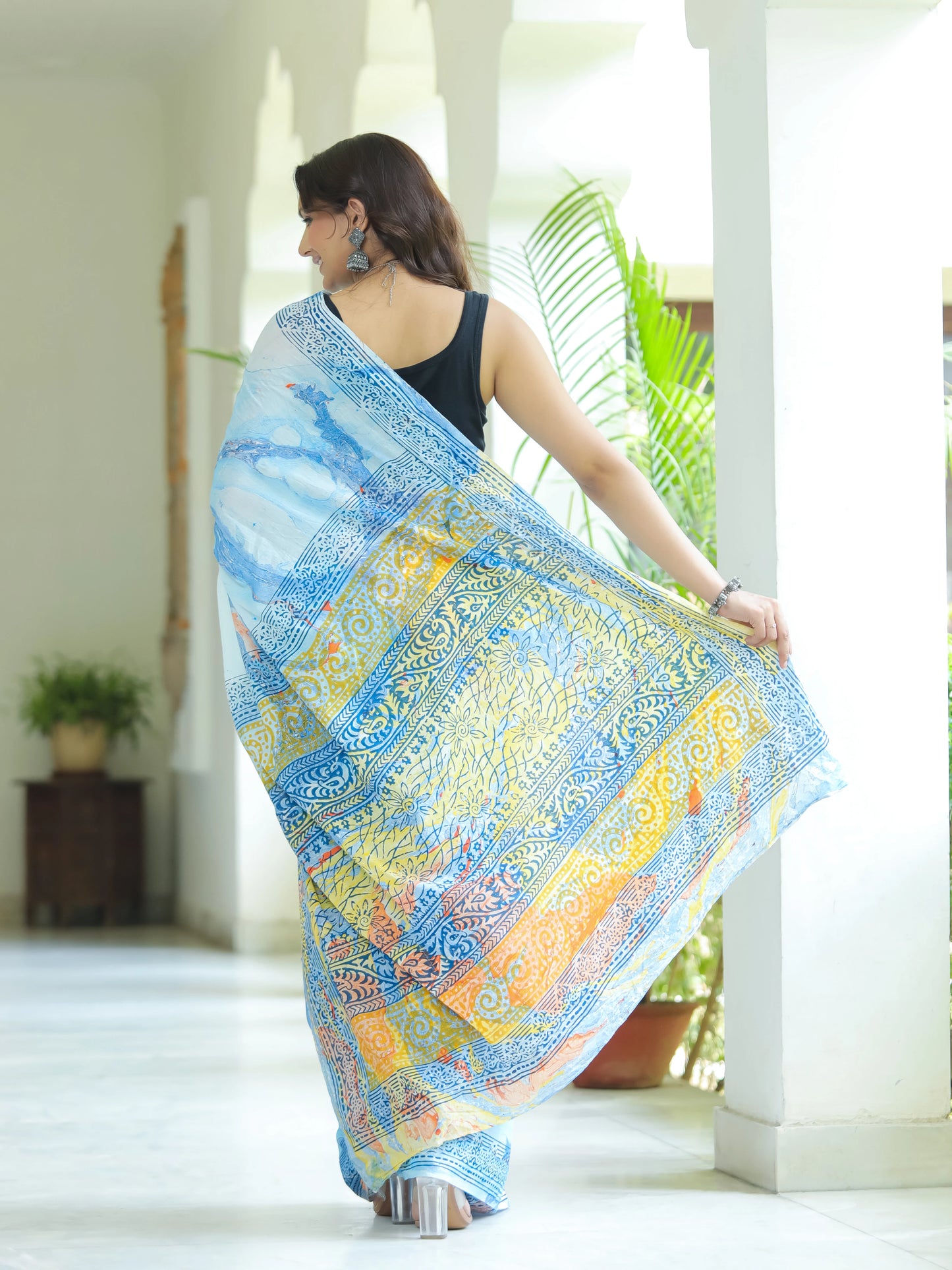 Marble printed Blue Mul Cotton Saree