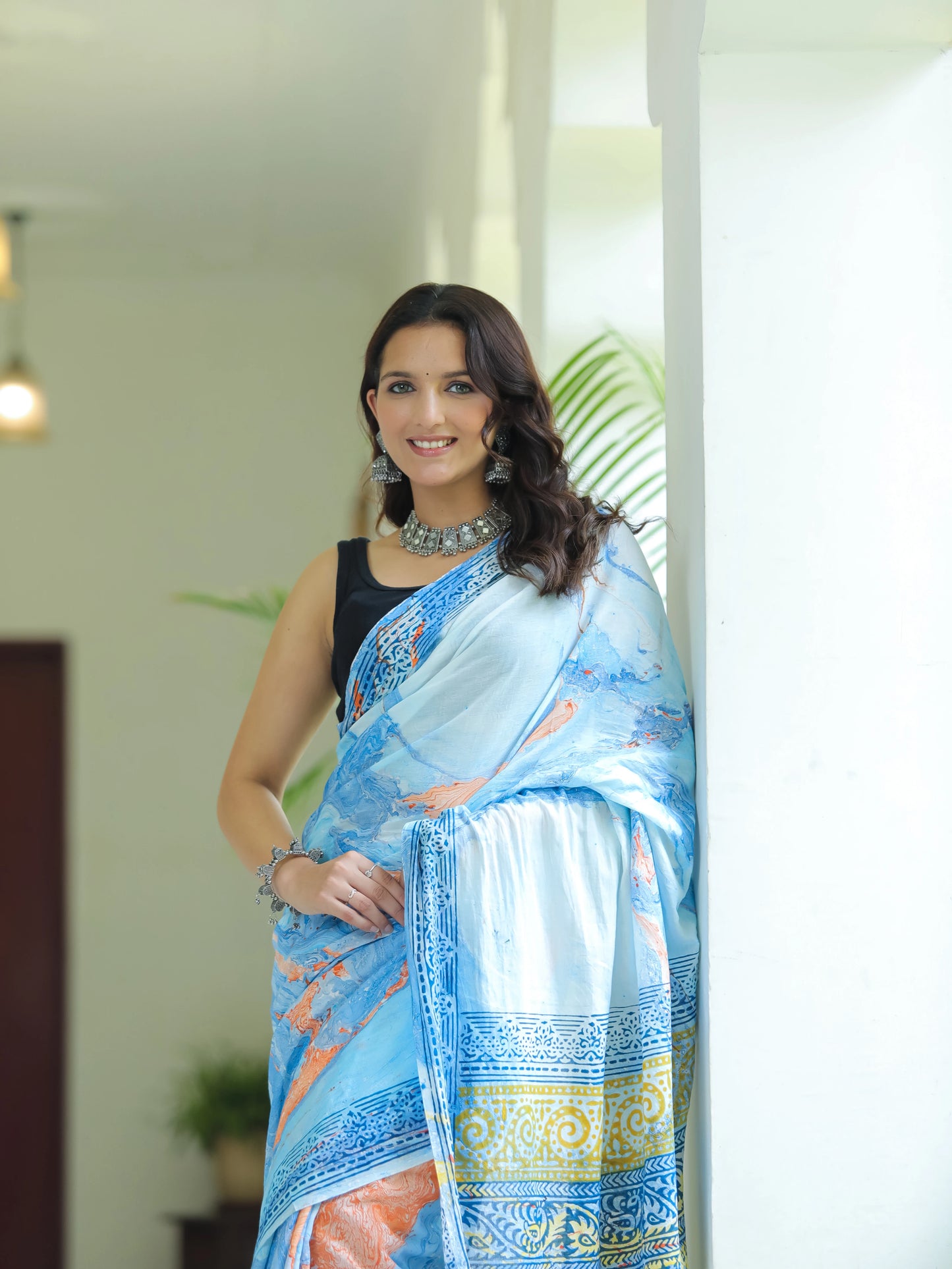 Marble printed Blue Mul Cotton Saree