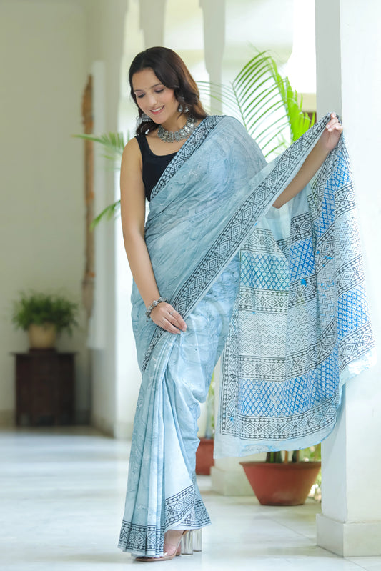 Marble Printed Grey Mul Cotton Saree