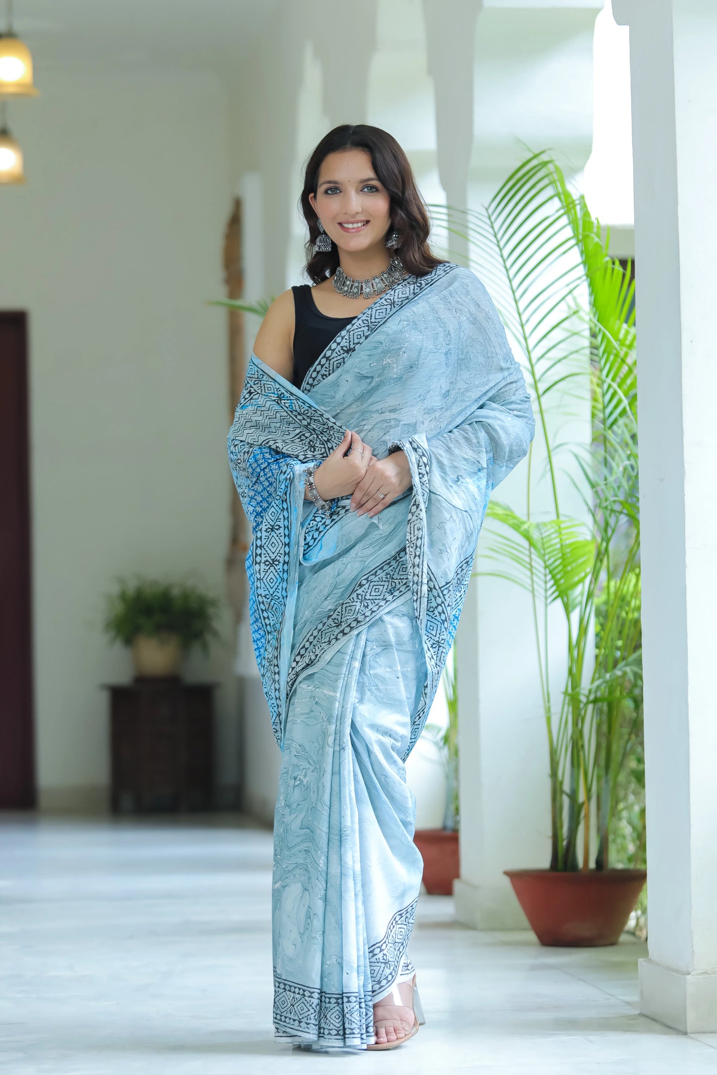 Marble Printed Grey Mul Cotton Saree