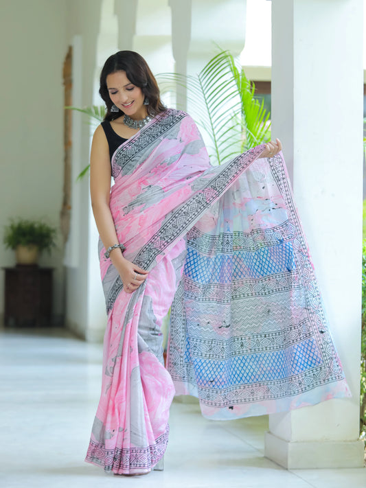 Marble printed Pink Mul Cotton Saree