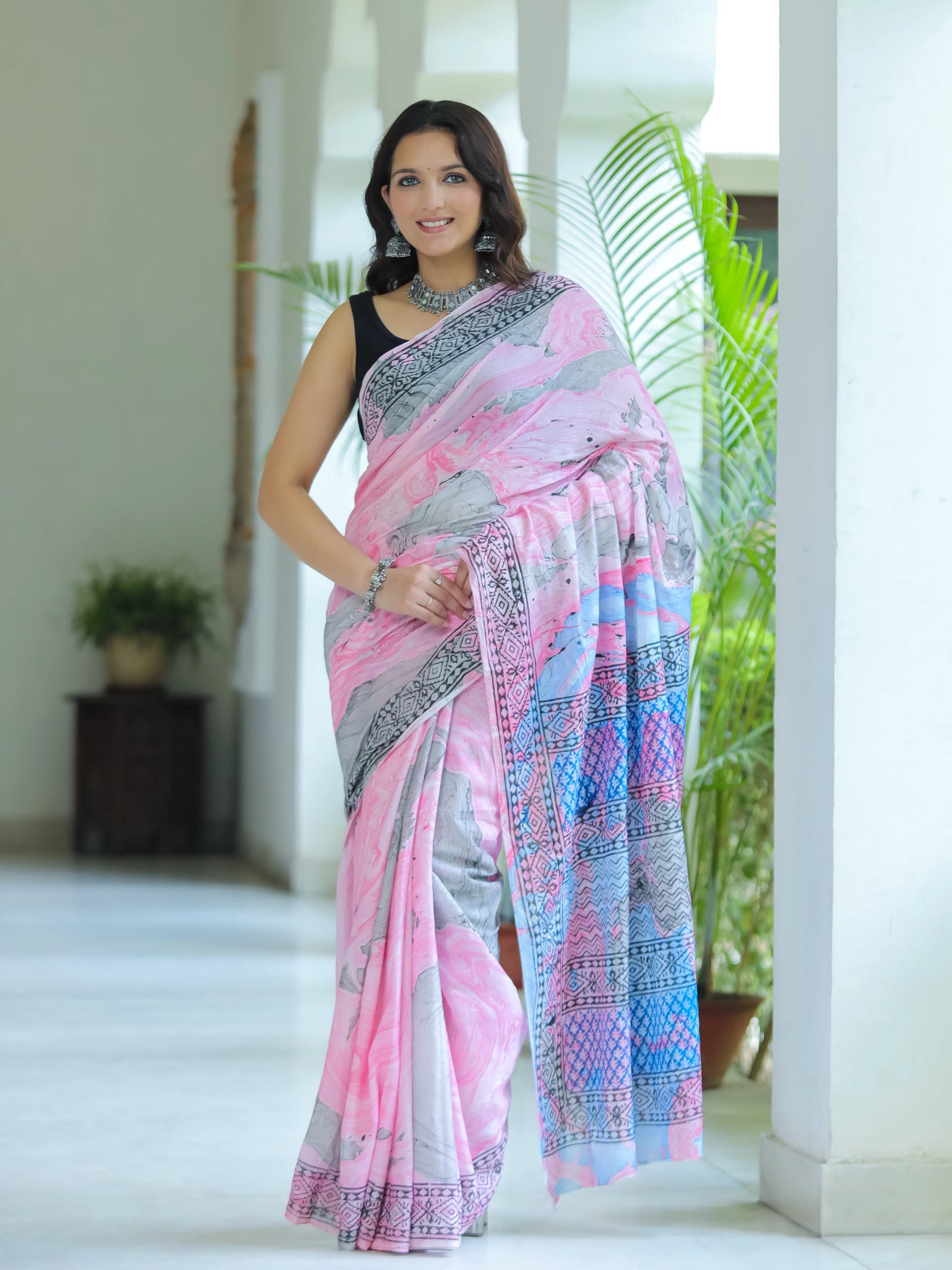 Marble printed Pink Mul Cotton Saree