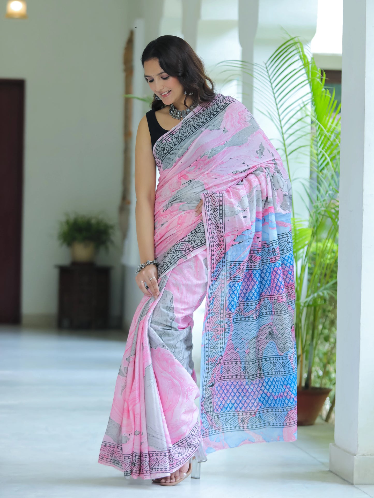 Marble printed Pink Mul Cotton Saree