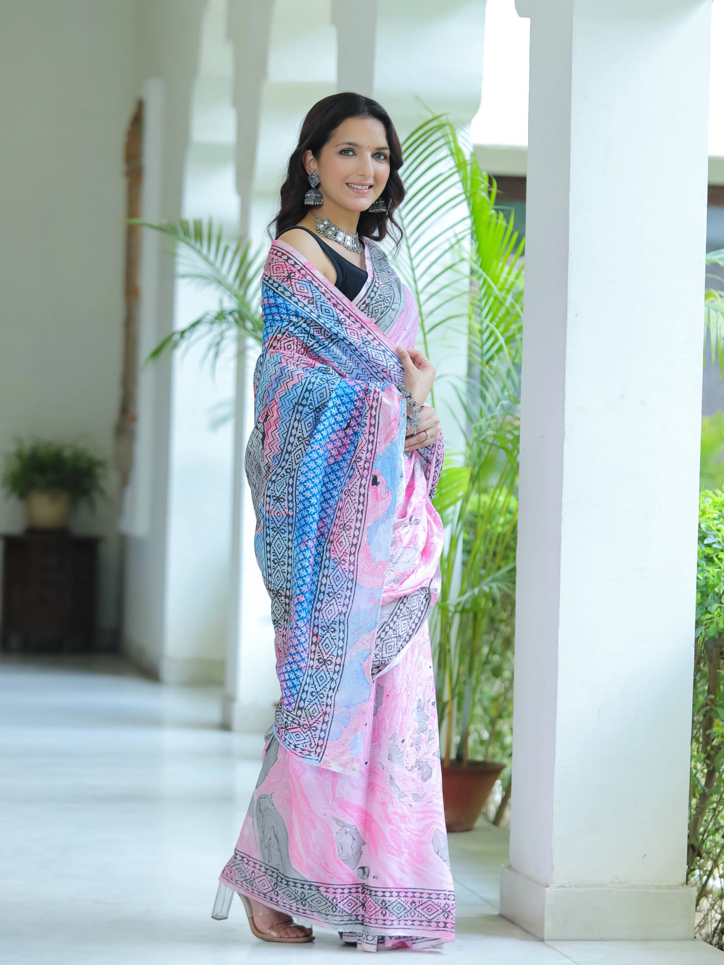 Marble printed Pink Mul Cotton Saree