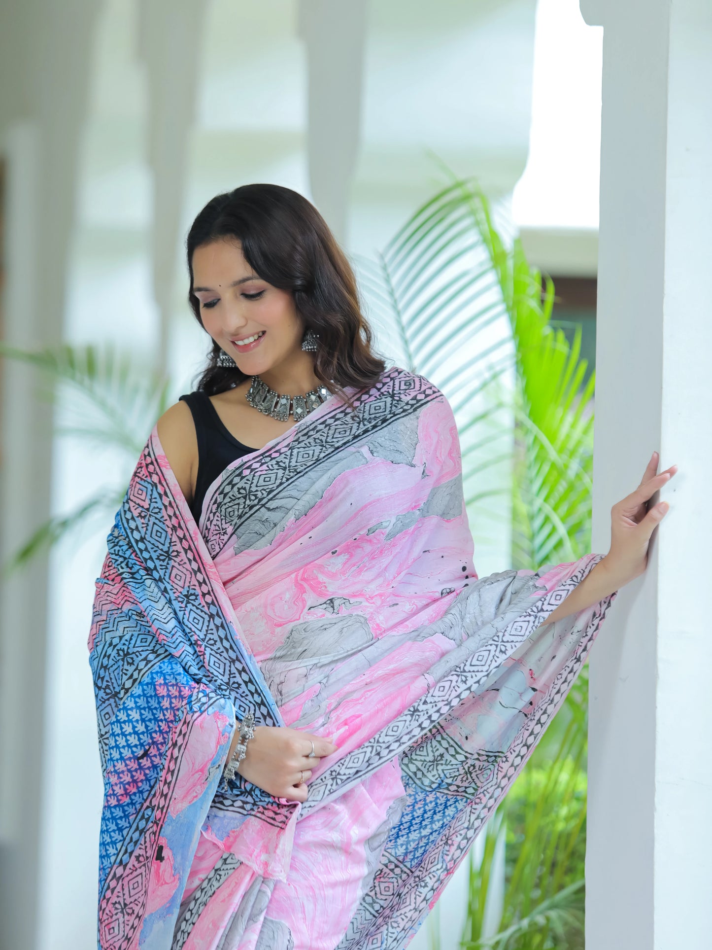 Marble printed Pink Mul Cotton Saree