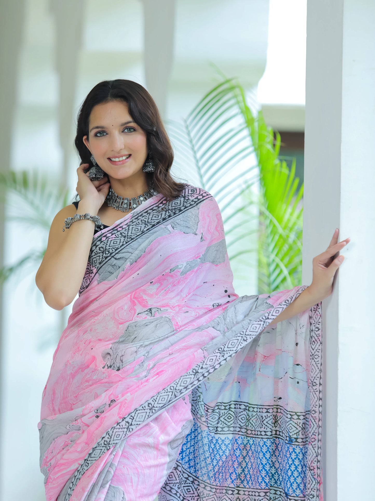 Marble printed Pink Mul Cotton Saree