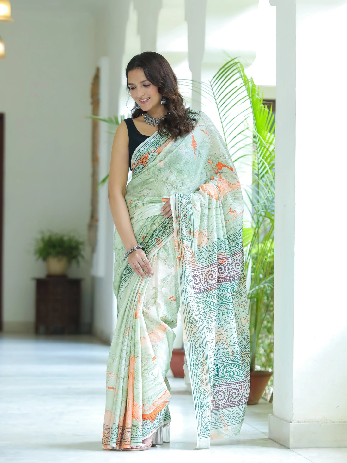 Marble printed Green Mul Cotton Saree