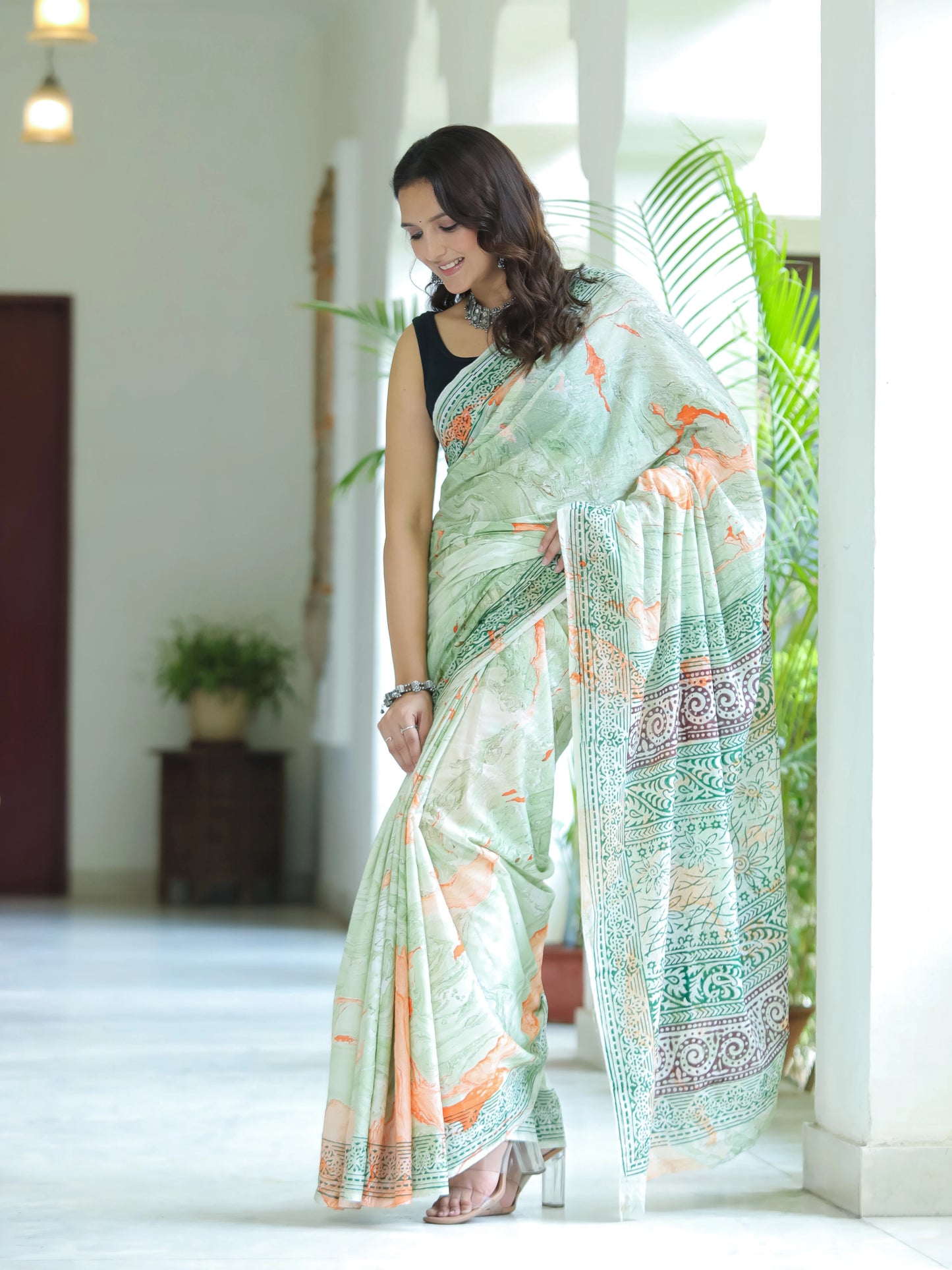 Marble printed Green Mul Cotton Saree