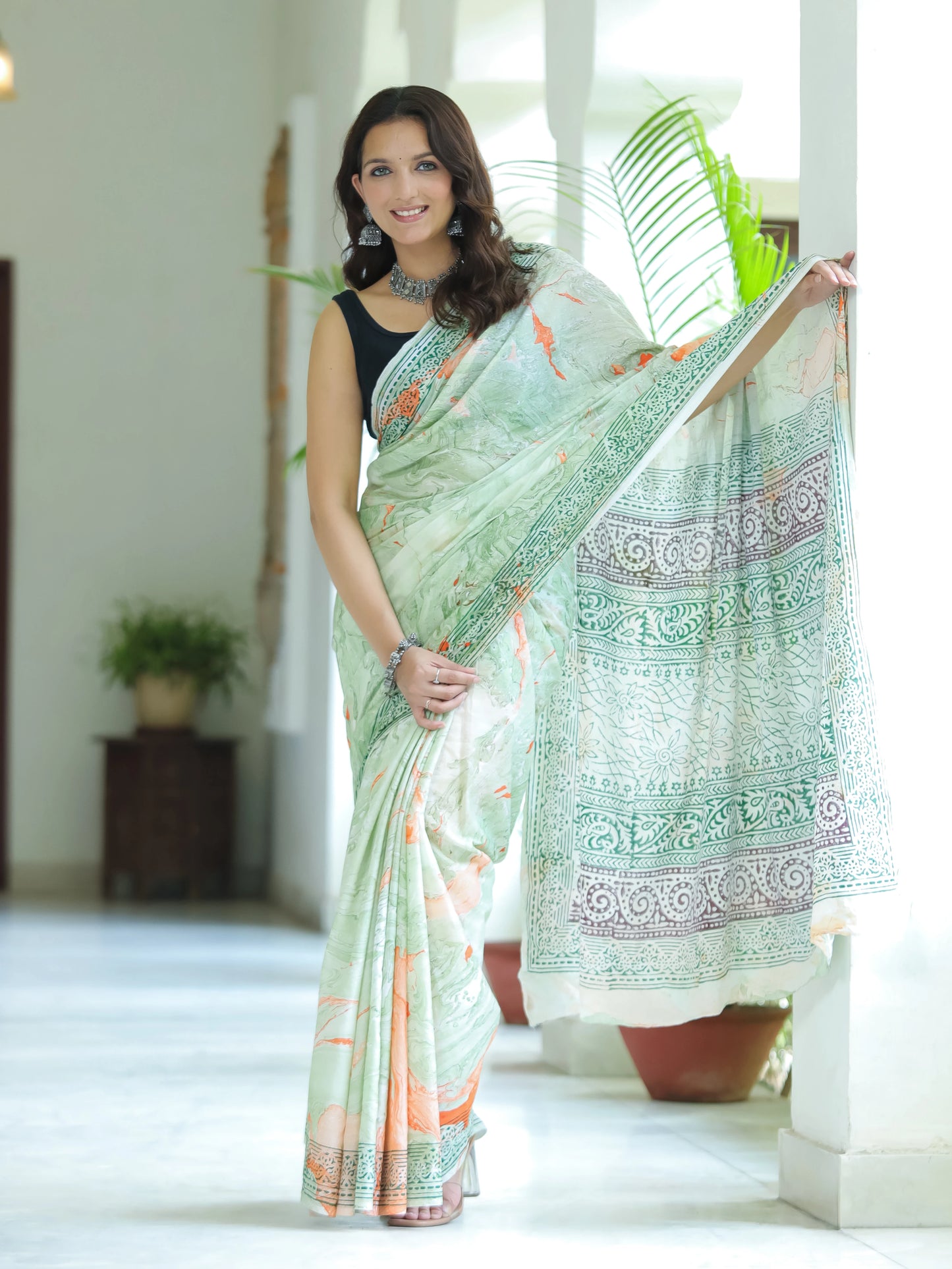 Marble printed Green Mul Cotton Saree