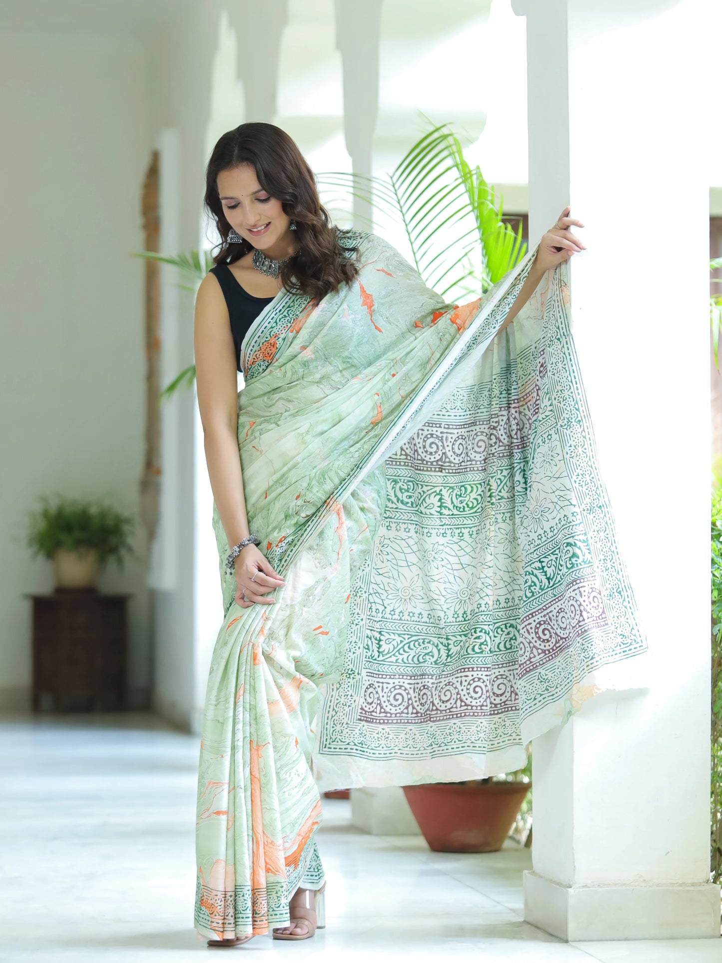 Marble printed Green Mul Cotton Saree