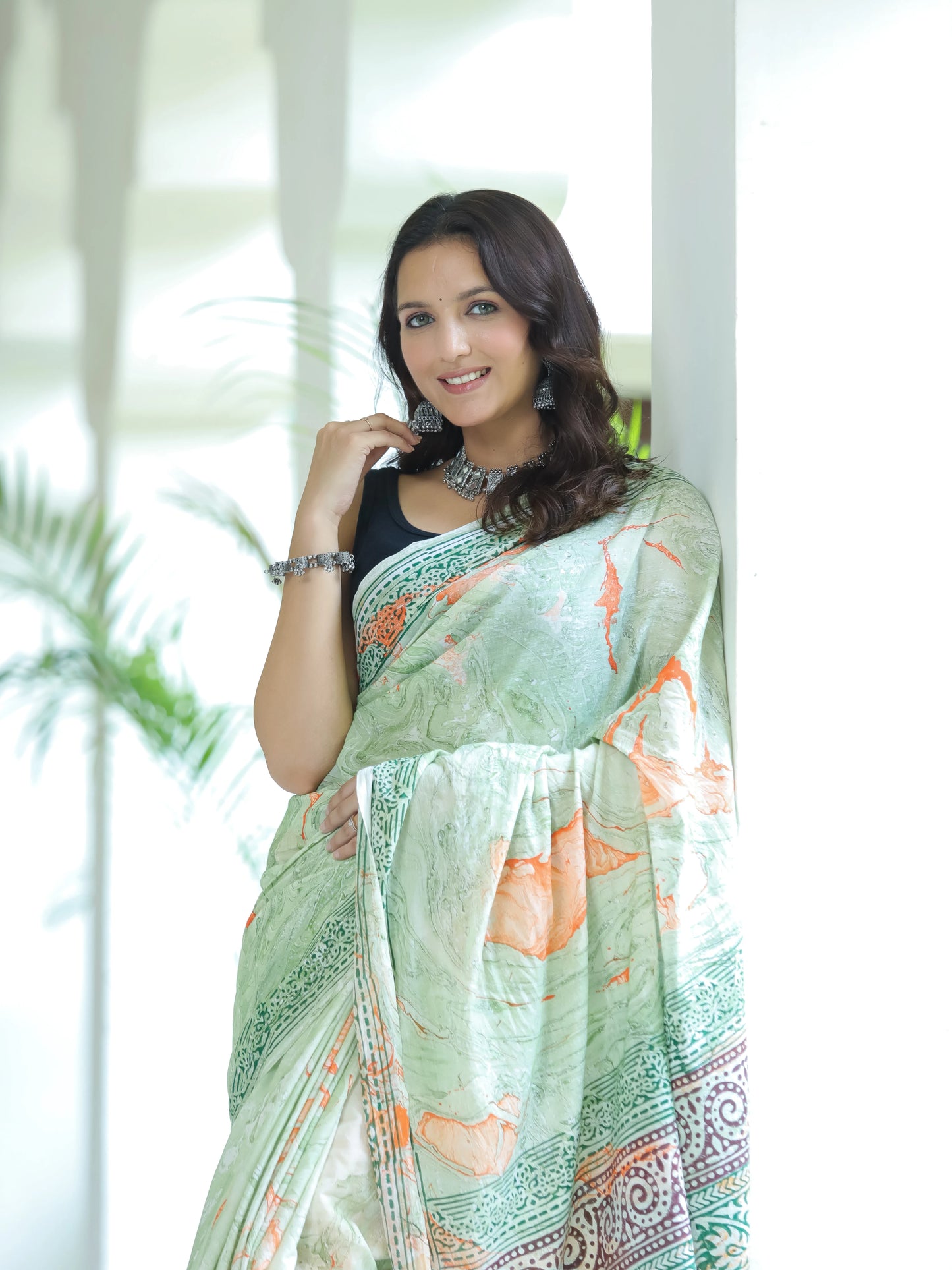 Marble printed Green Mul Cotton Saree