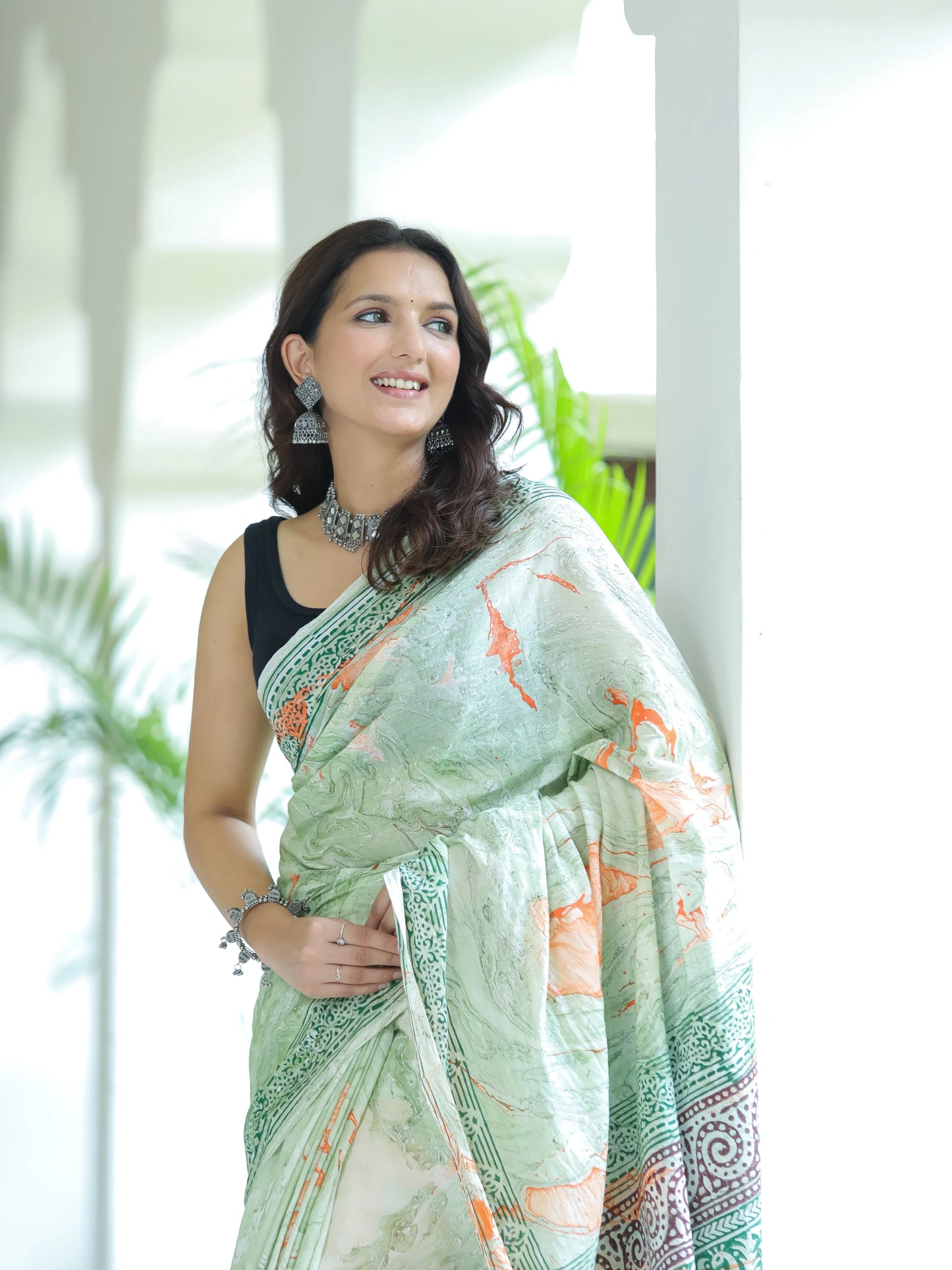 Marble printed Green Mul Cotton Saree
