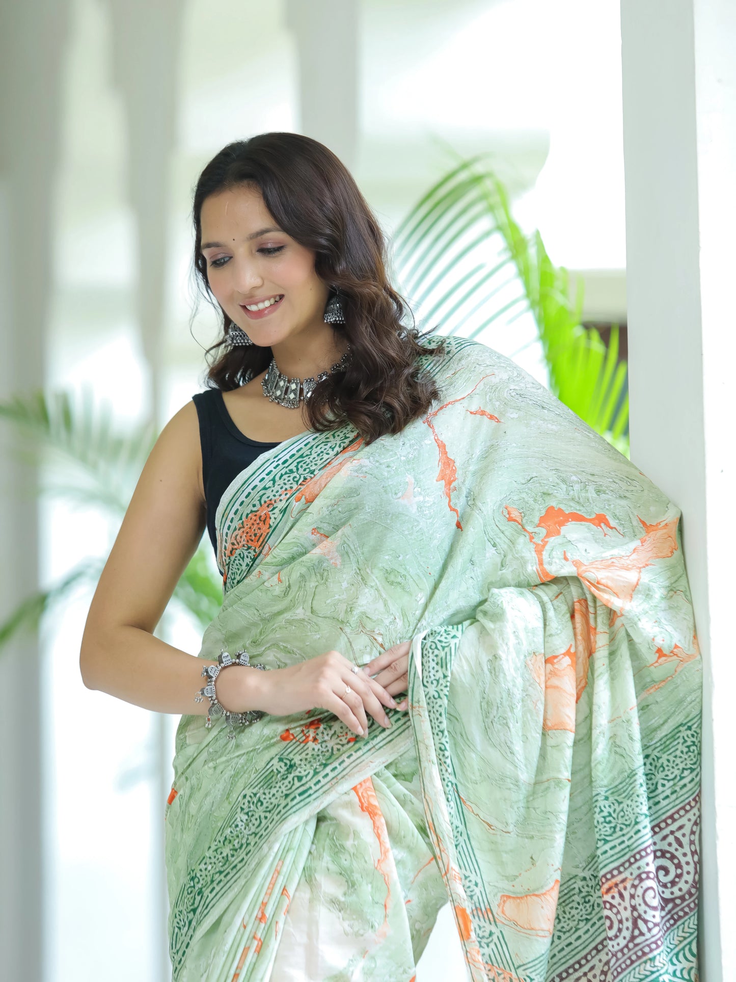 Marble printed Green Mul Cotton Saree