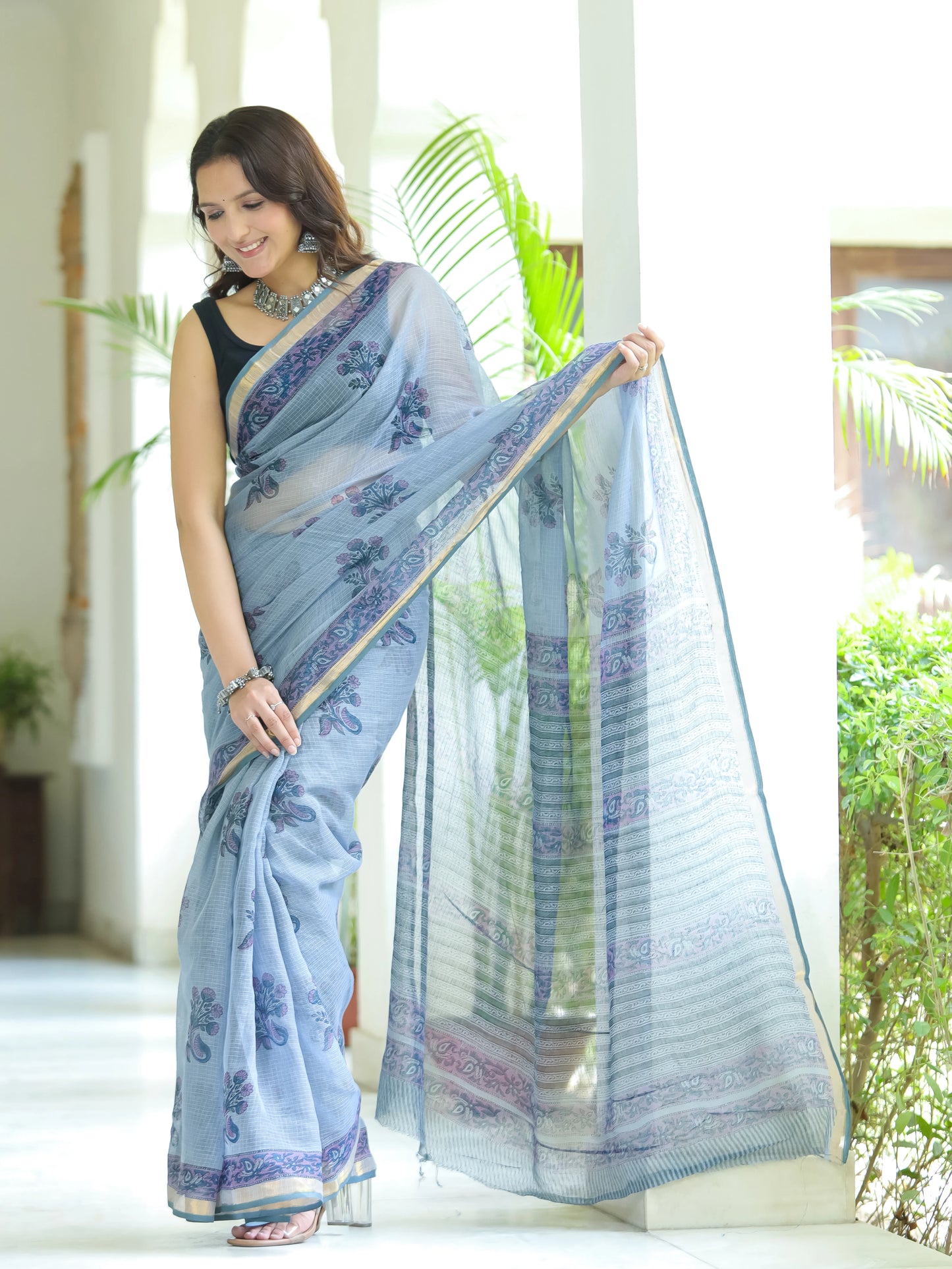 Grey Boota Pure Hand Block printed Kota Doria saree