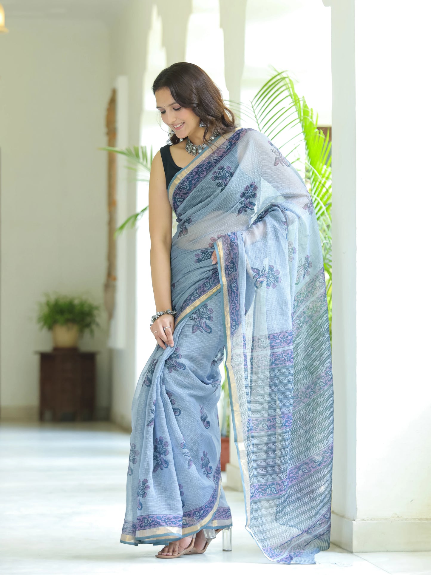 Grey Boota Pure Hand Block printed Kota Doria saree