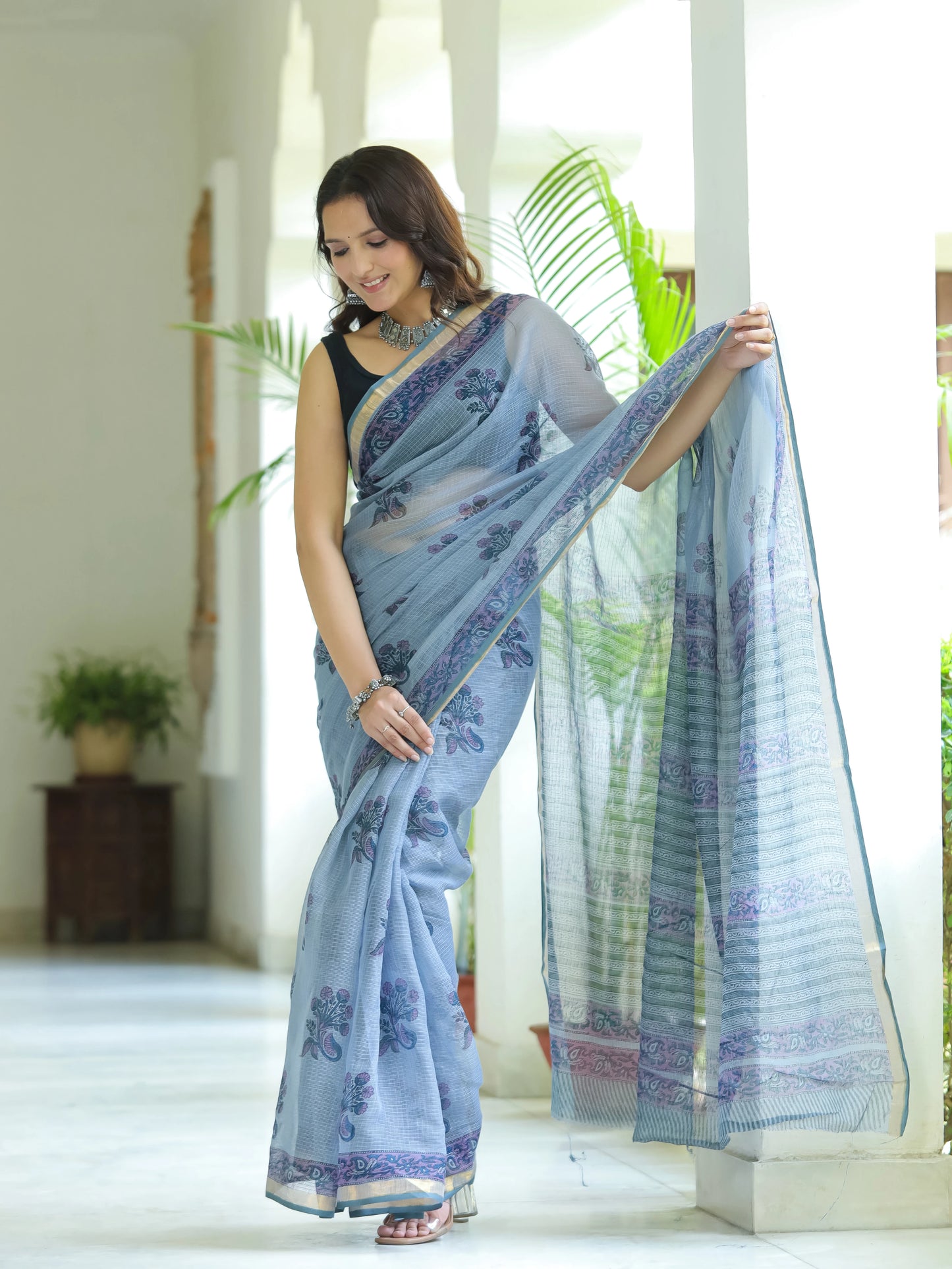 Grey Boota Pure Hand Block printed Kota Doria saree