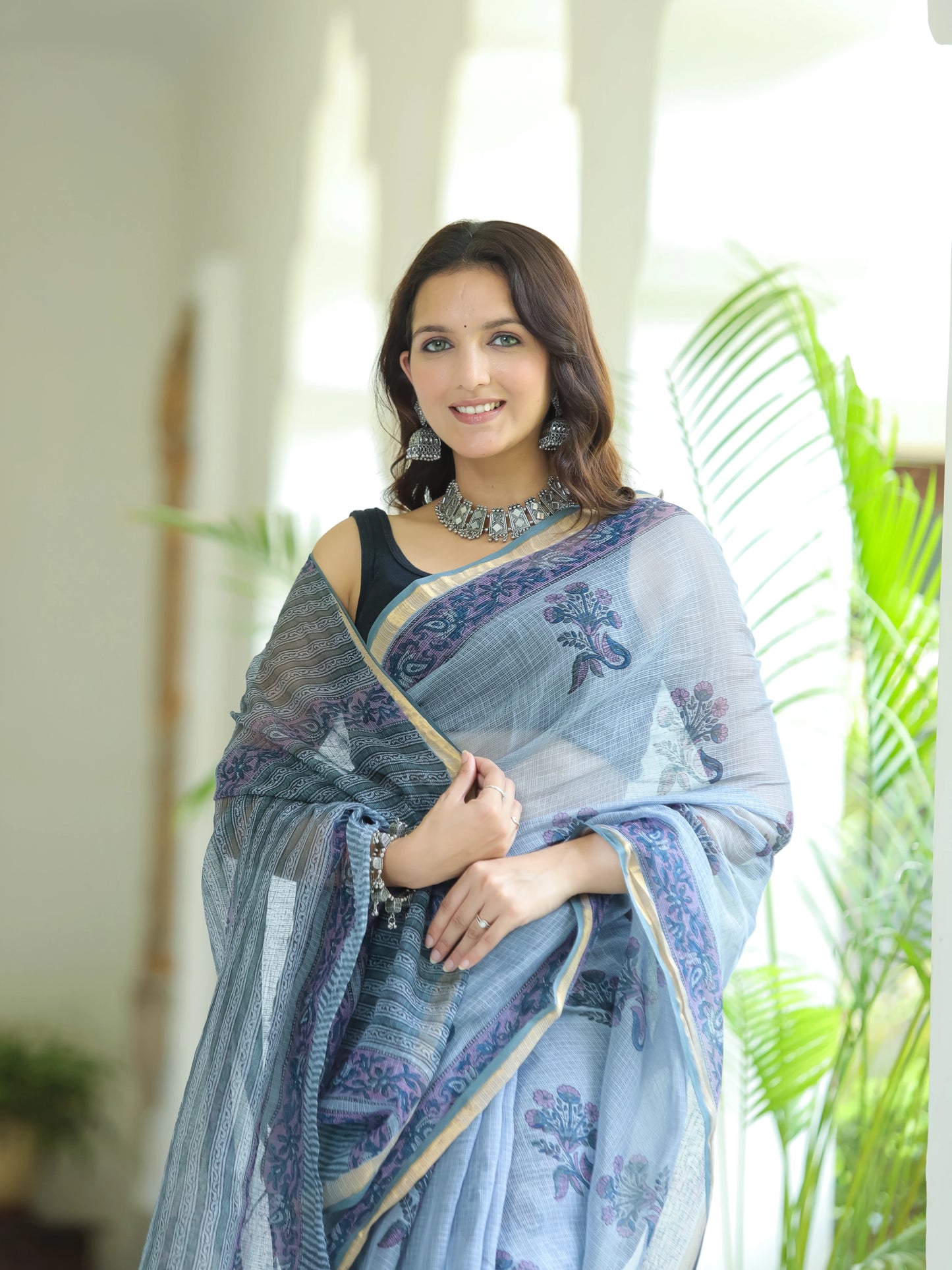 Grey Boota Pure Hand Block printed Kota Doria saree