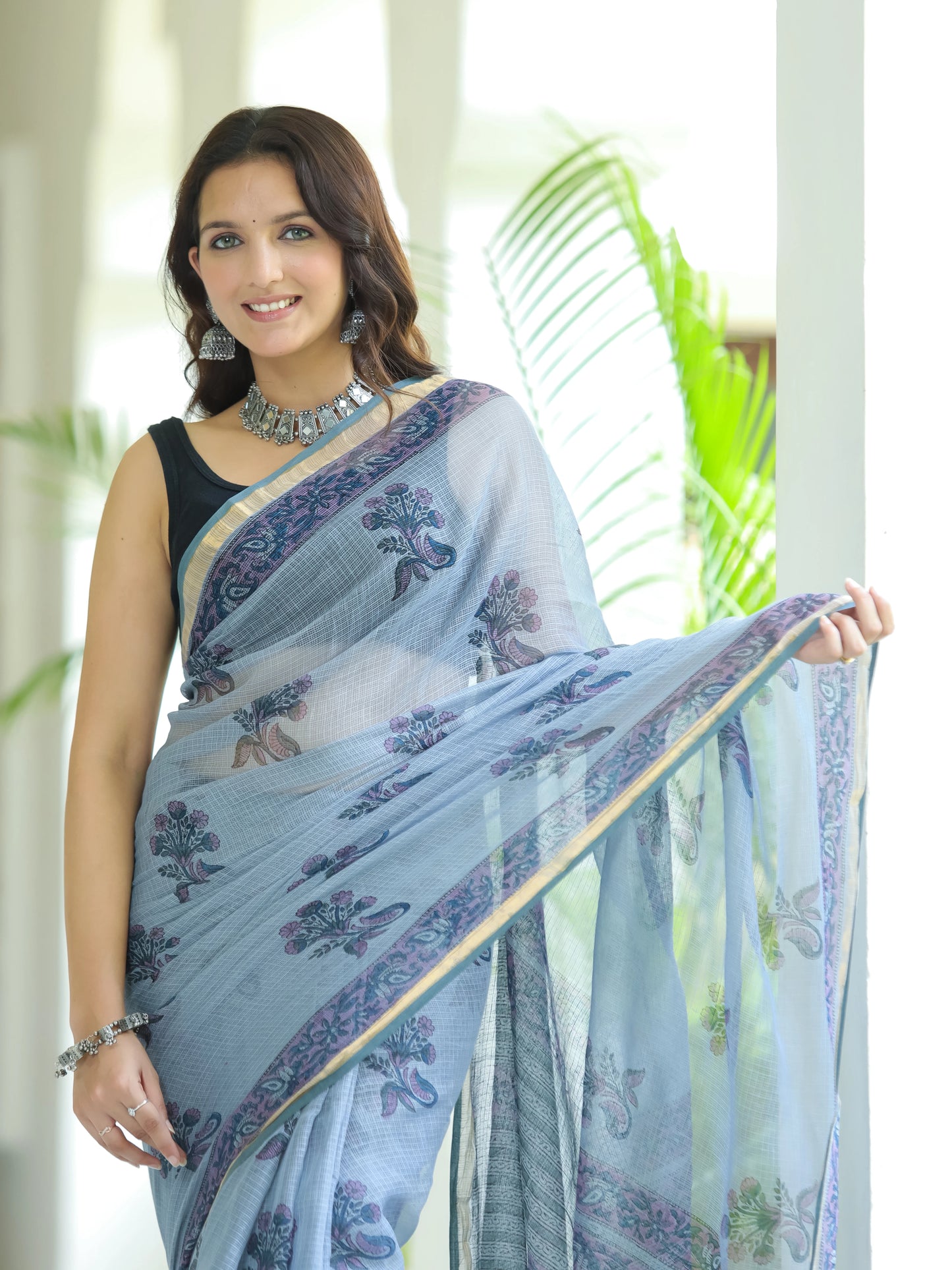 Grey Boota Pure Hand Block printed Kota Doria saree