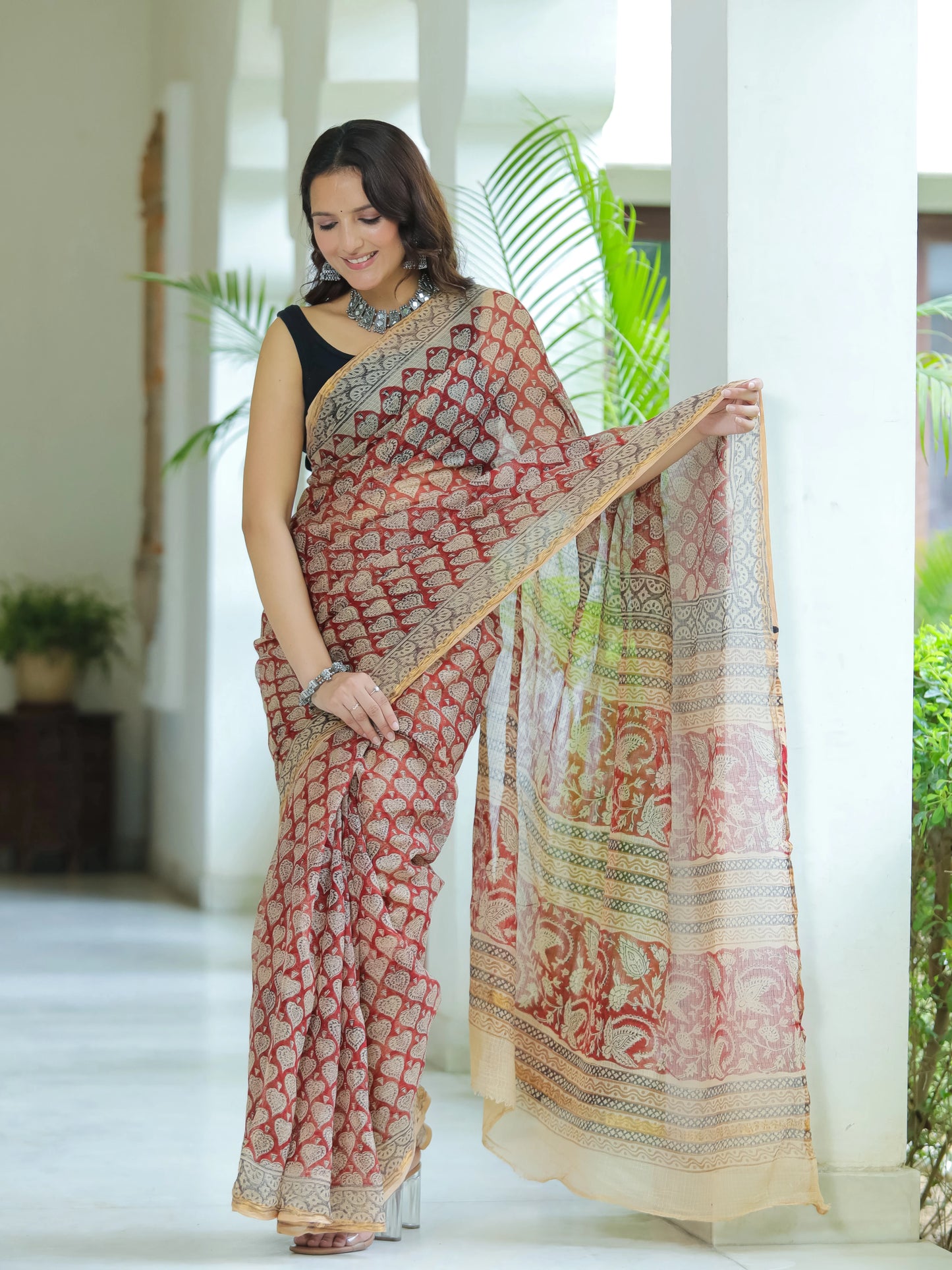 Bagru Paan Printed Premium Kota Doria Saree