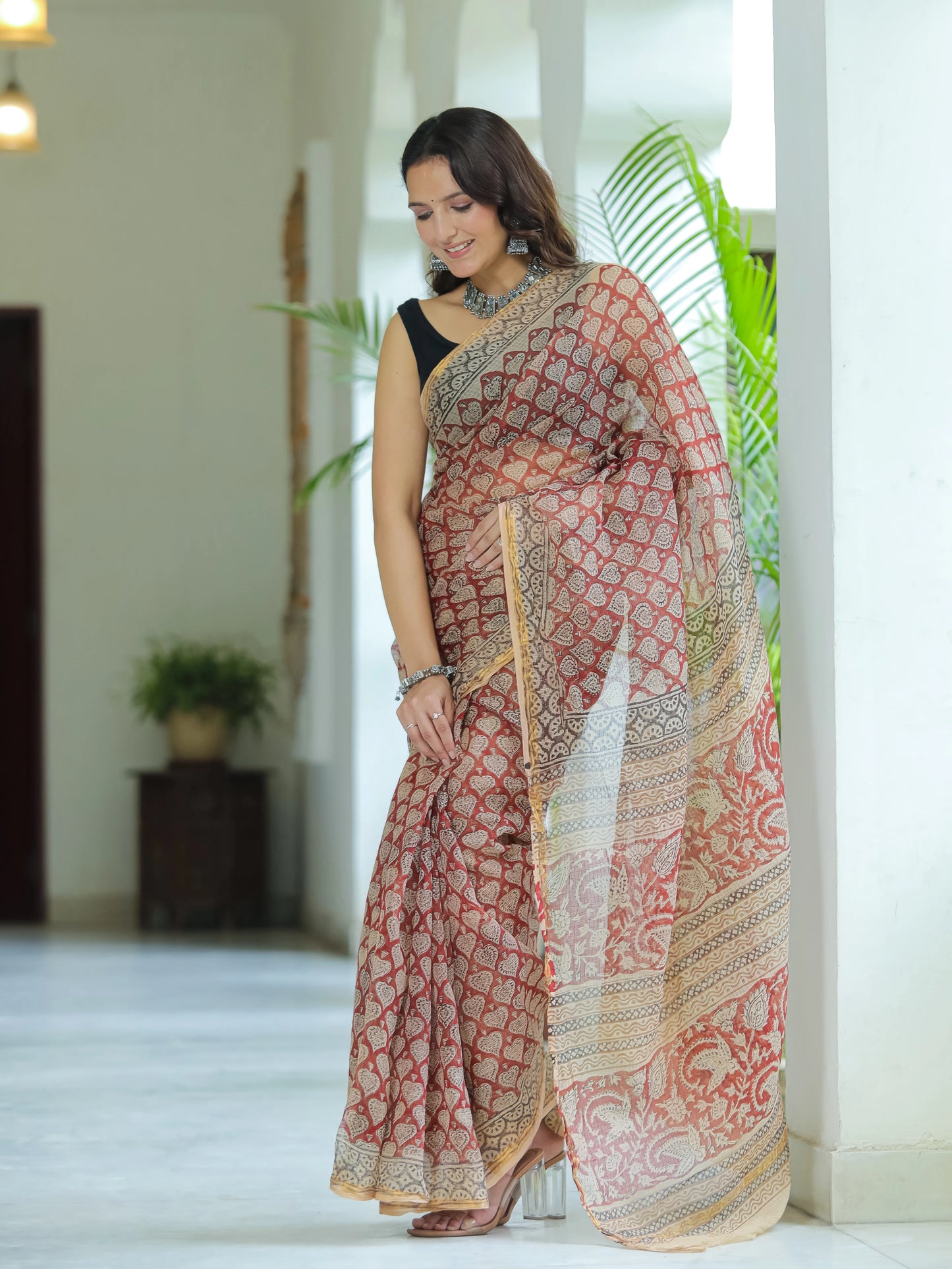 Bagru Paan Printed Premium Kota Doria Saree