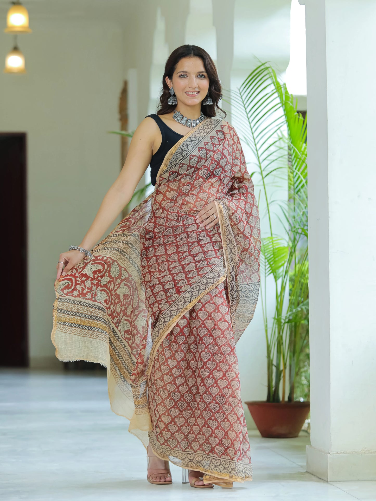 Bagru Paan Printed Premium Kota Doria Saree