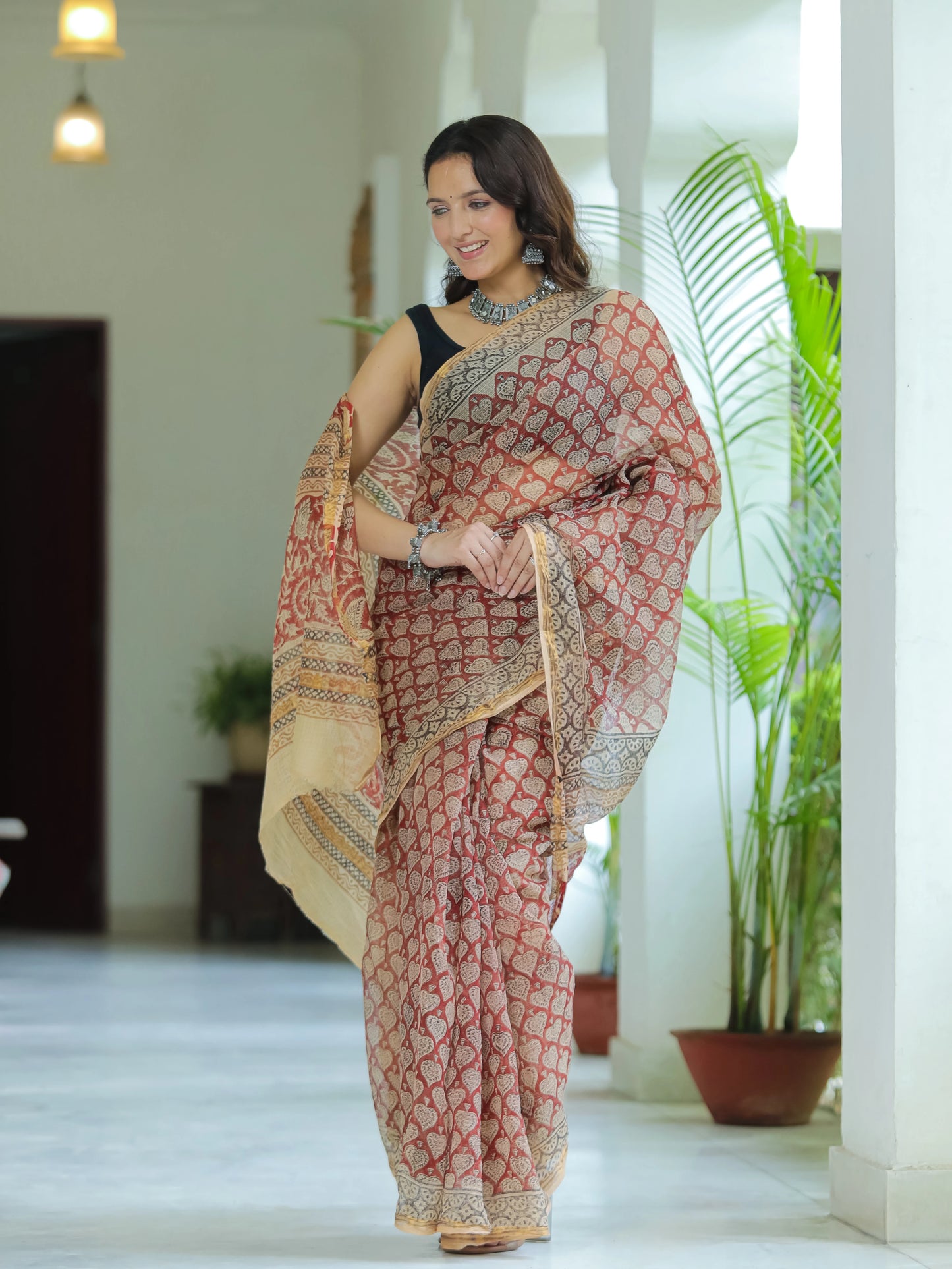 Bagru Paan Printed Premium Kota Doria Saree