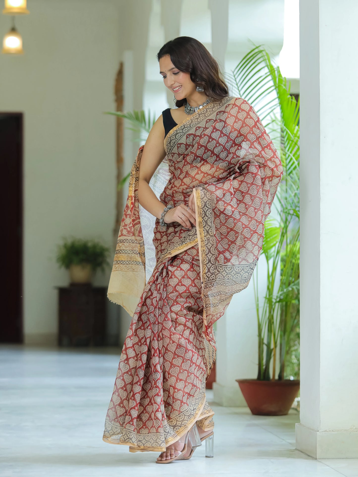 Bagru Paan Printed Premium Kota Doria Saree