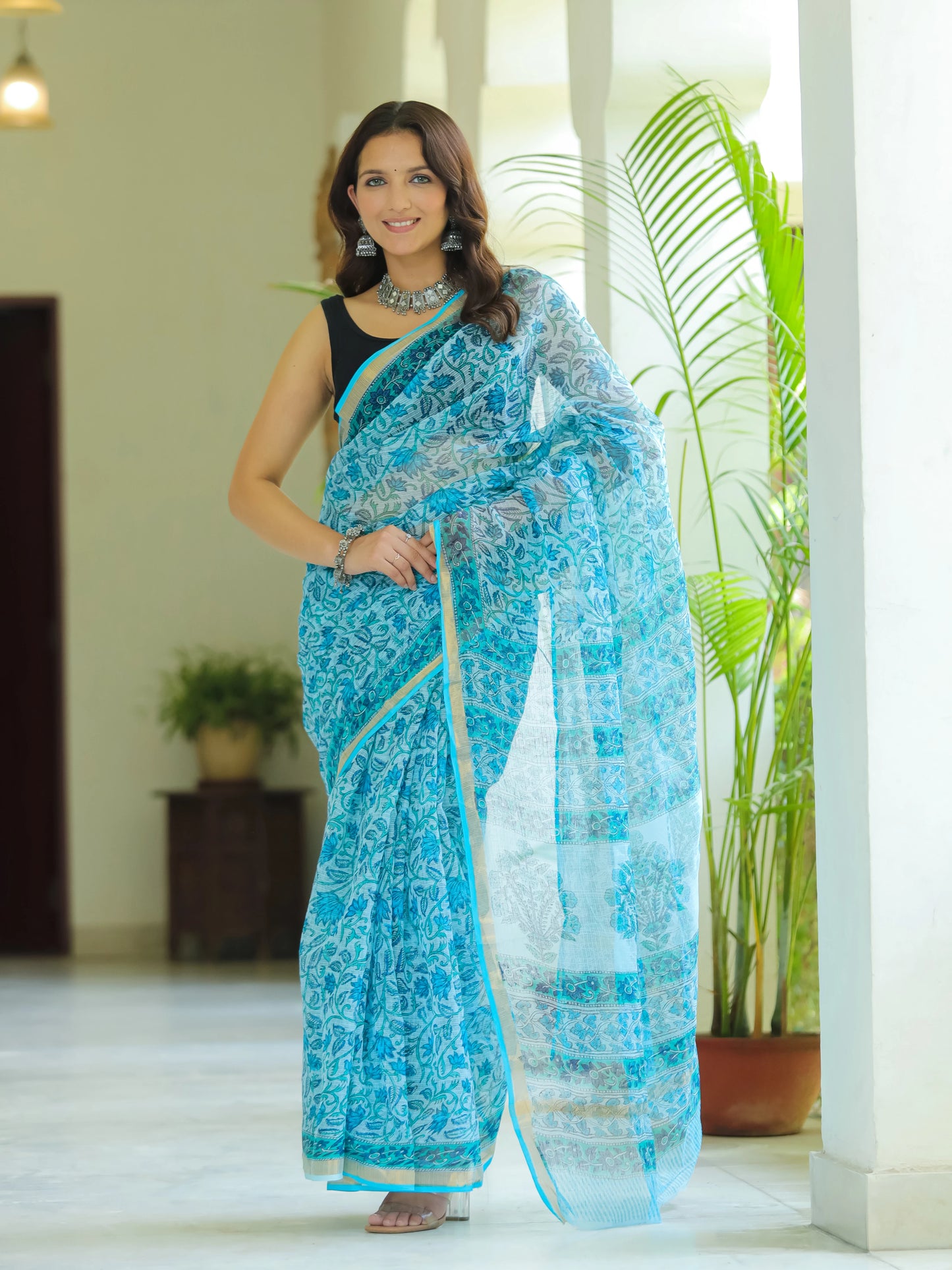 Blue Floral Jaal Pure Hand Block printed Kota Doria saree