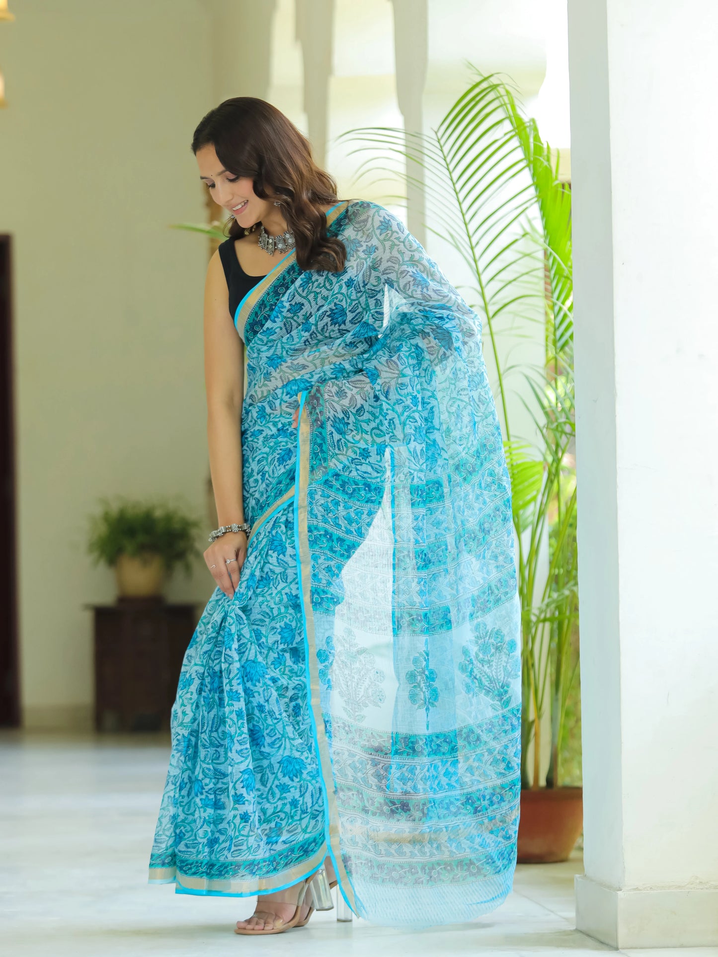 Blue Floral Jaal Pure Hand Block printed Kota Doria saree