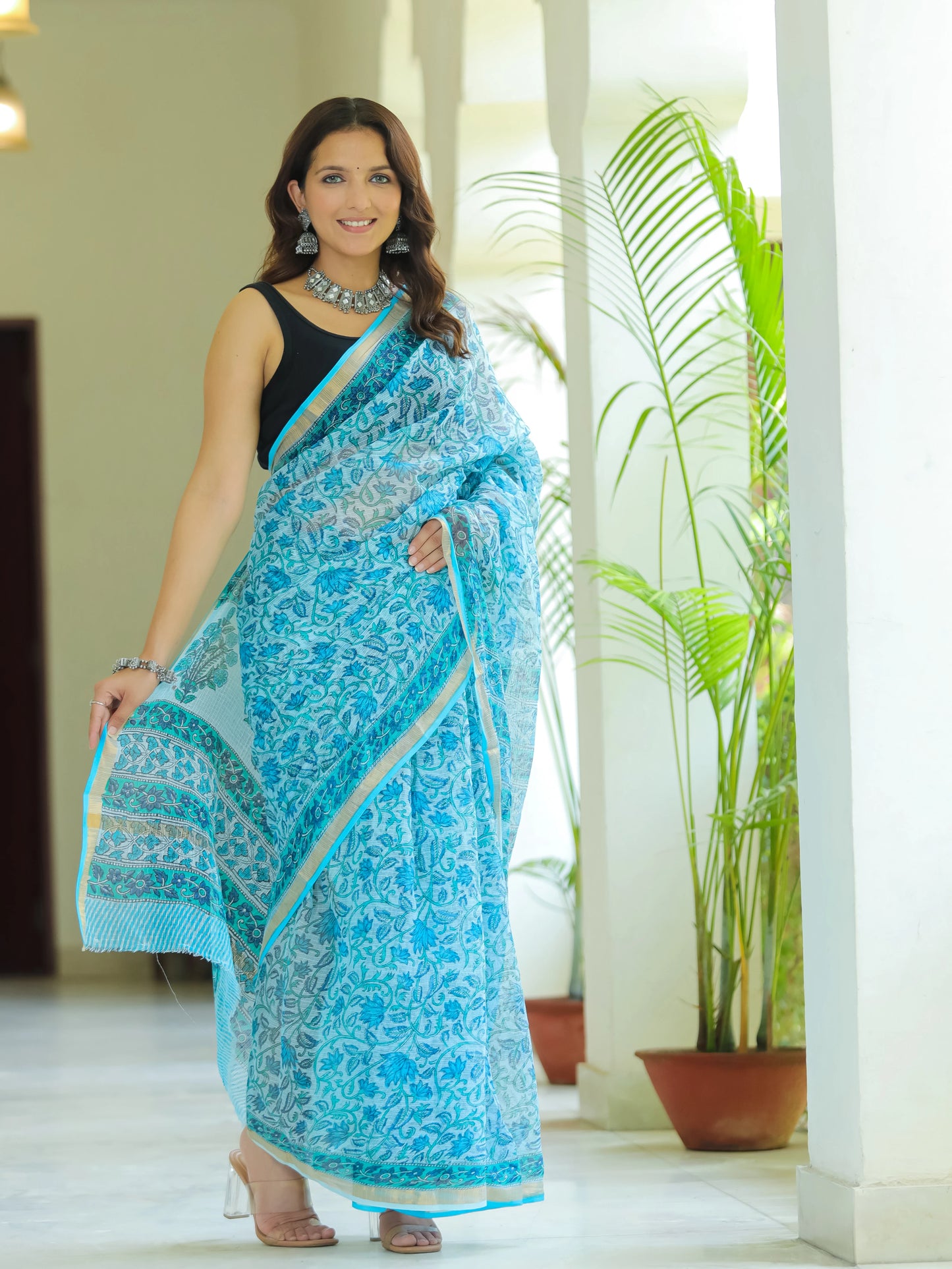 Blue Floral Jaal Pure Hand Block printed Kota Doria saree