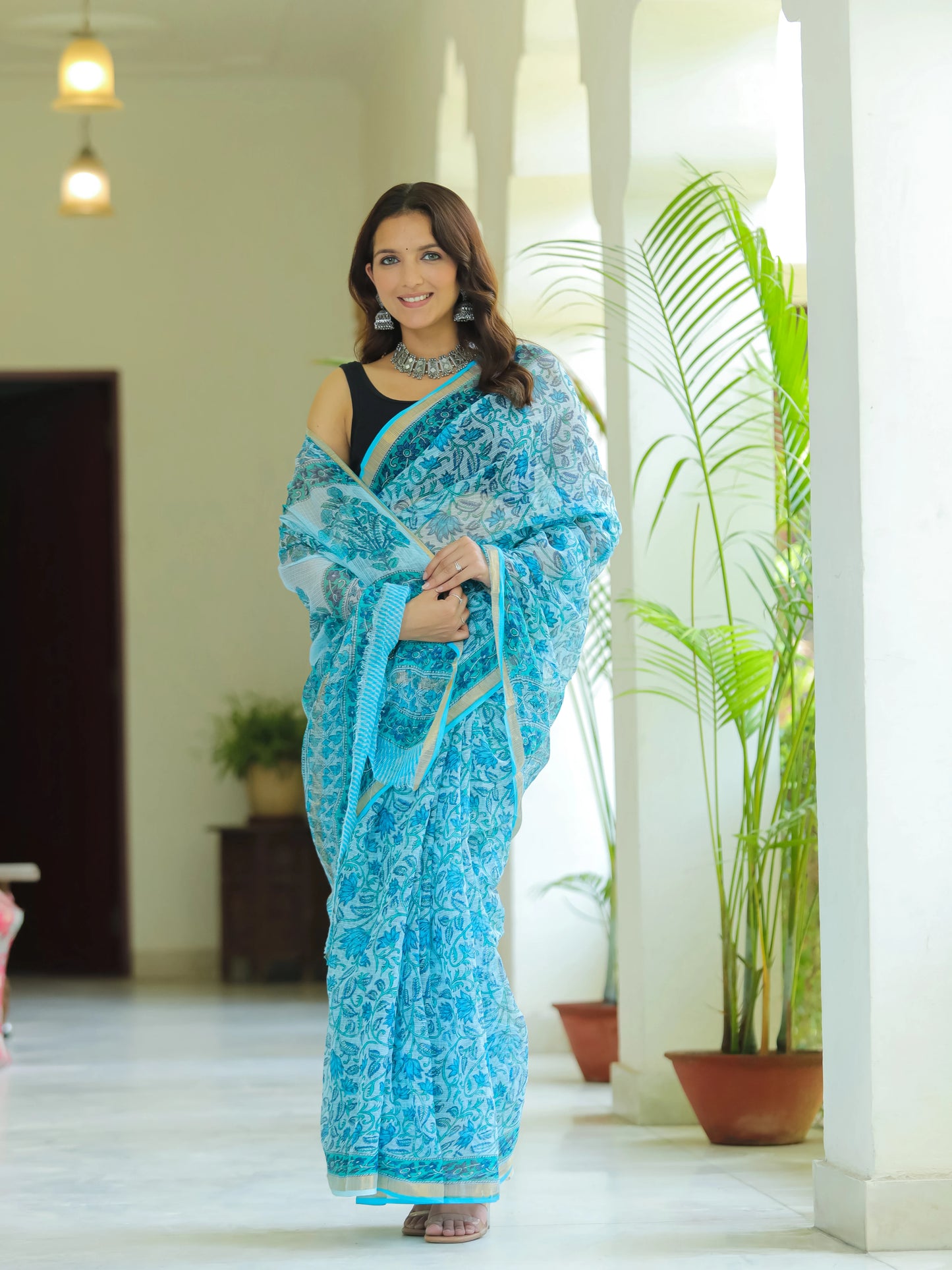 Blue Floral Jaal Pure Hand Block printed Kota Doria saree