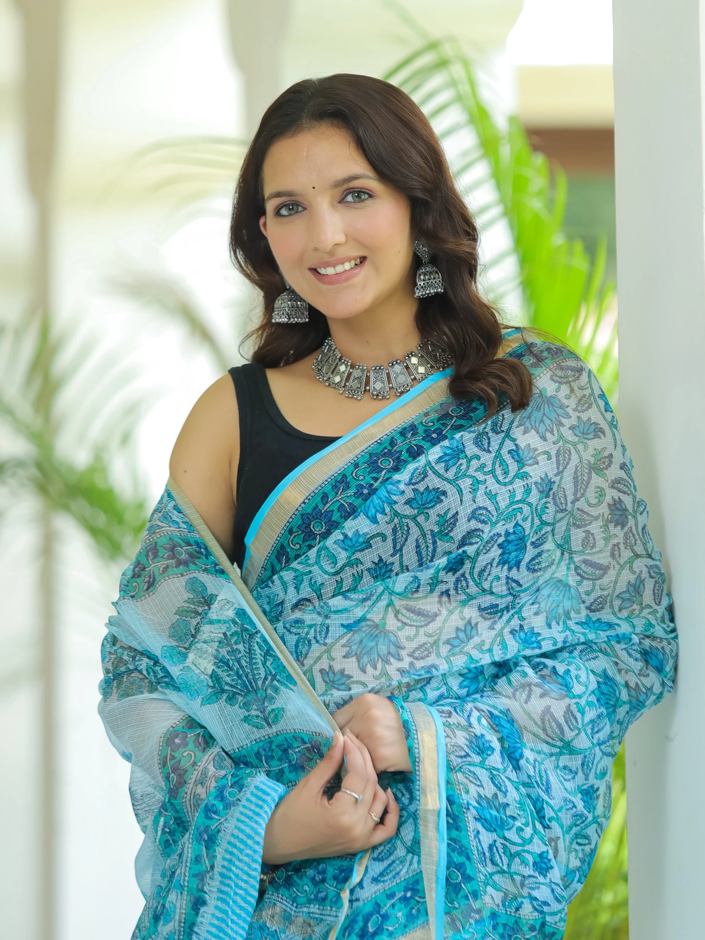 Blue Floral Jaal Pure Hand Block printed Kota Doria saree