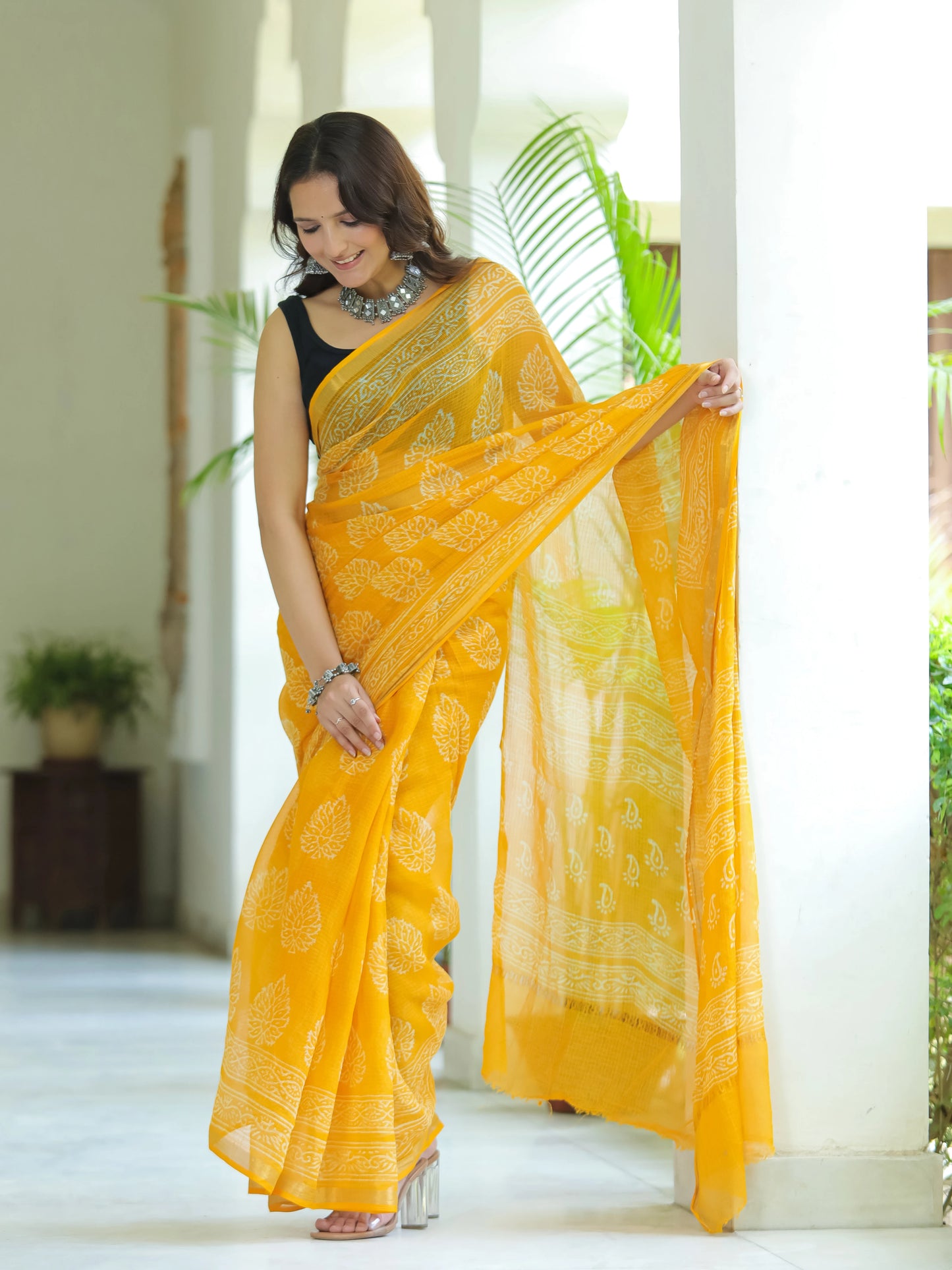 Yellow Bootie Pure Hand Block printed Kota Doria saree