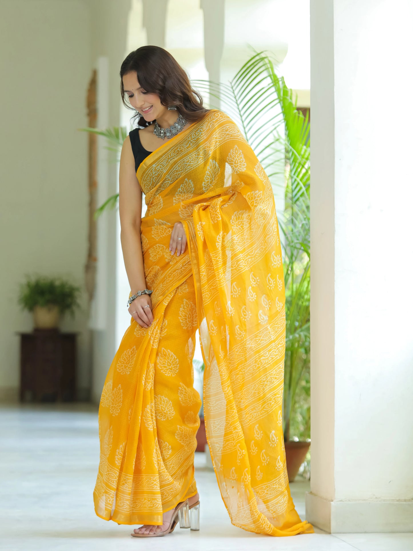 Yellow Bootie Pure Hand Block printed Kota Doria saree