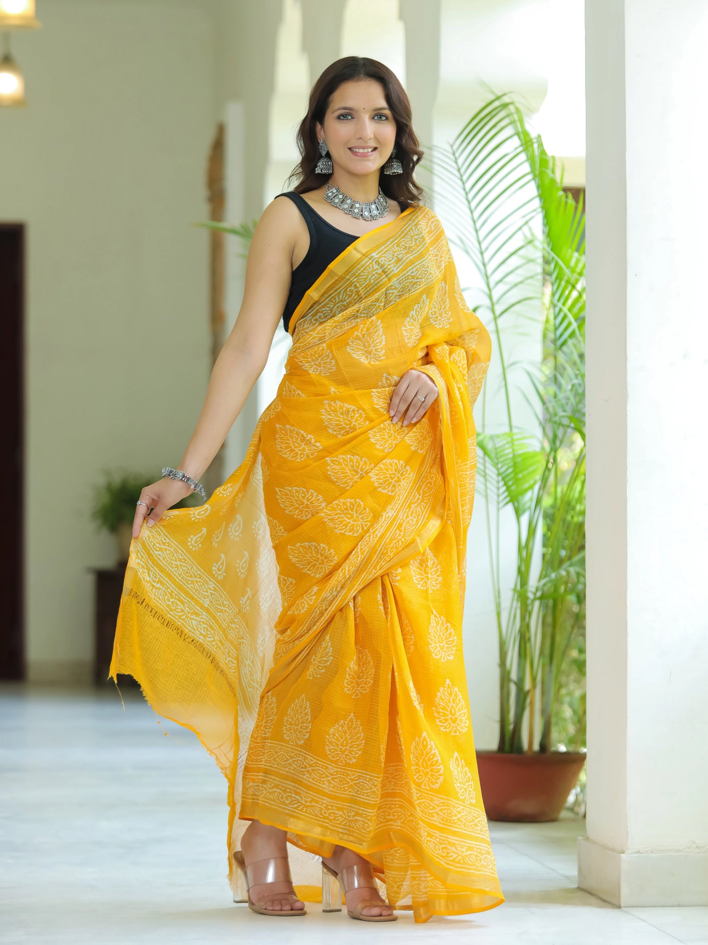 Yellow Bootie Pure Hand Block printed Kota Doria saree